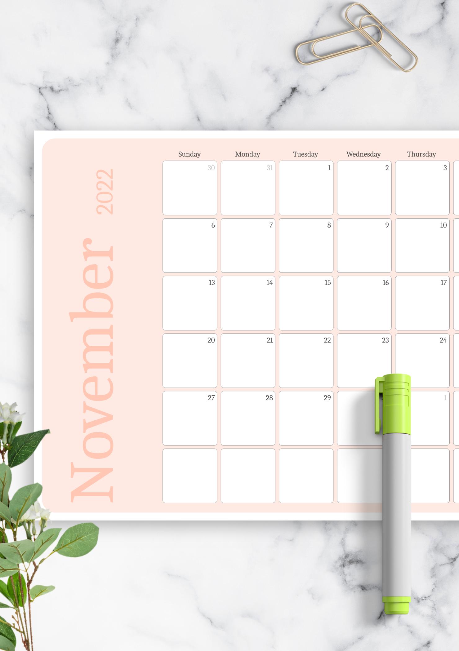 Download Printable Pink Monthly Calendar PDF