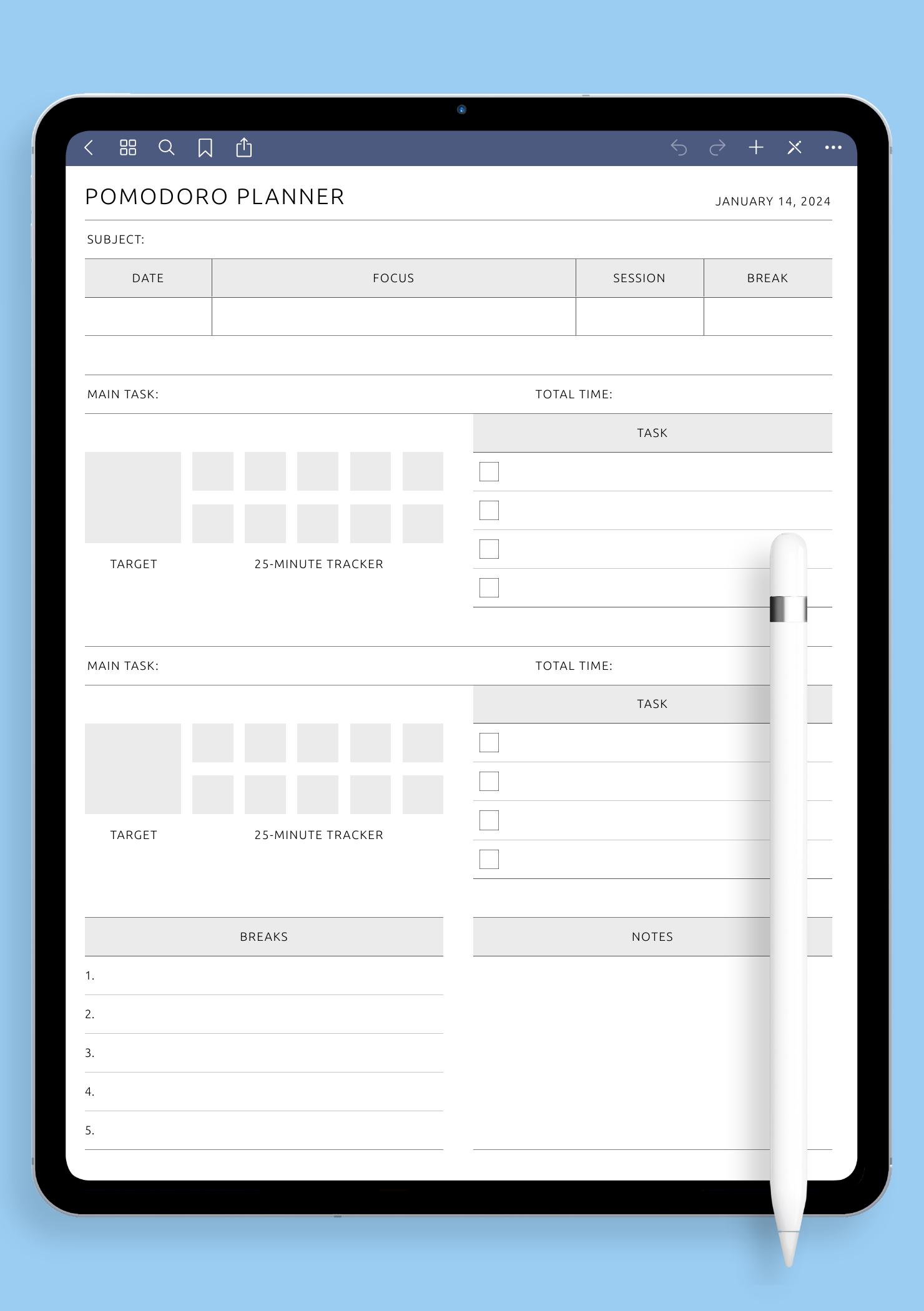 Download Printable Pomodoro Planner PDF