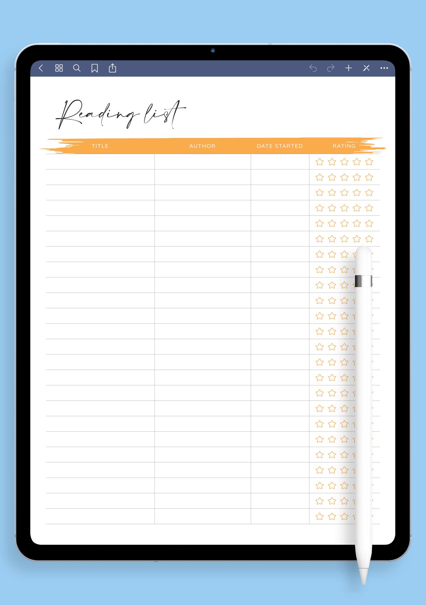 Reading List Template – Track Books & Rate with Stars