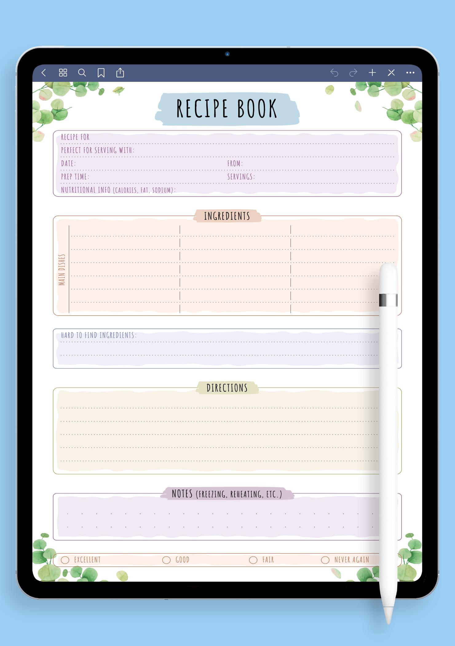 Download Printable Recipe Book Template - Floral Style PDF