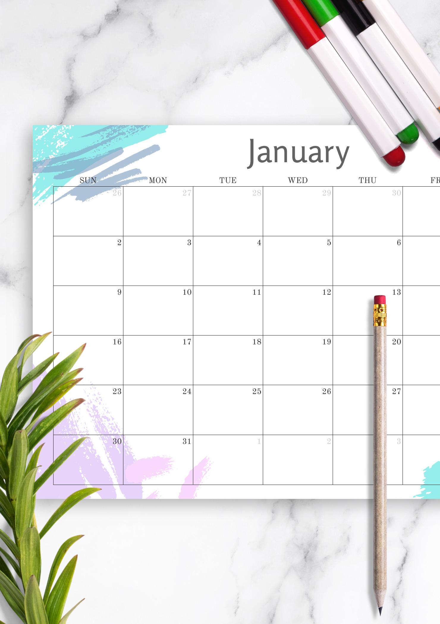 Download Printable Simple Colored Monthly Calendar PDF