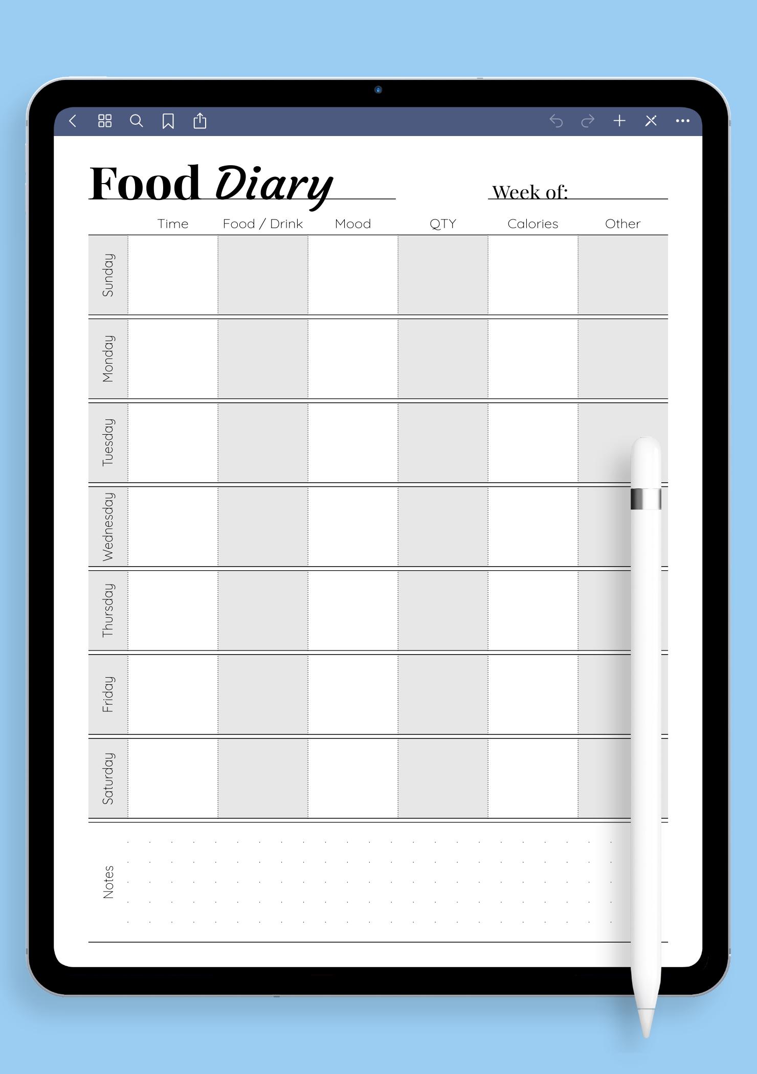 Download Printable Simple Food Diary PDF