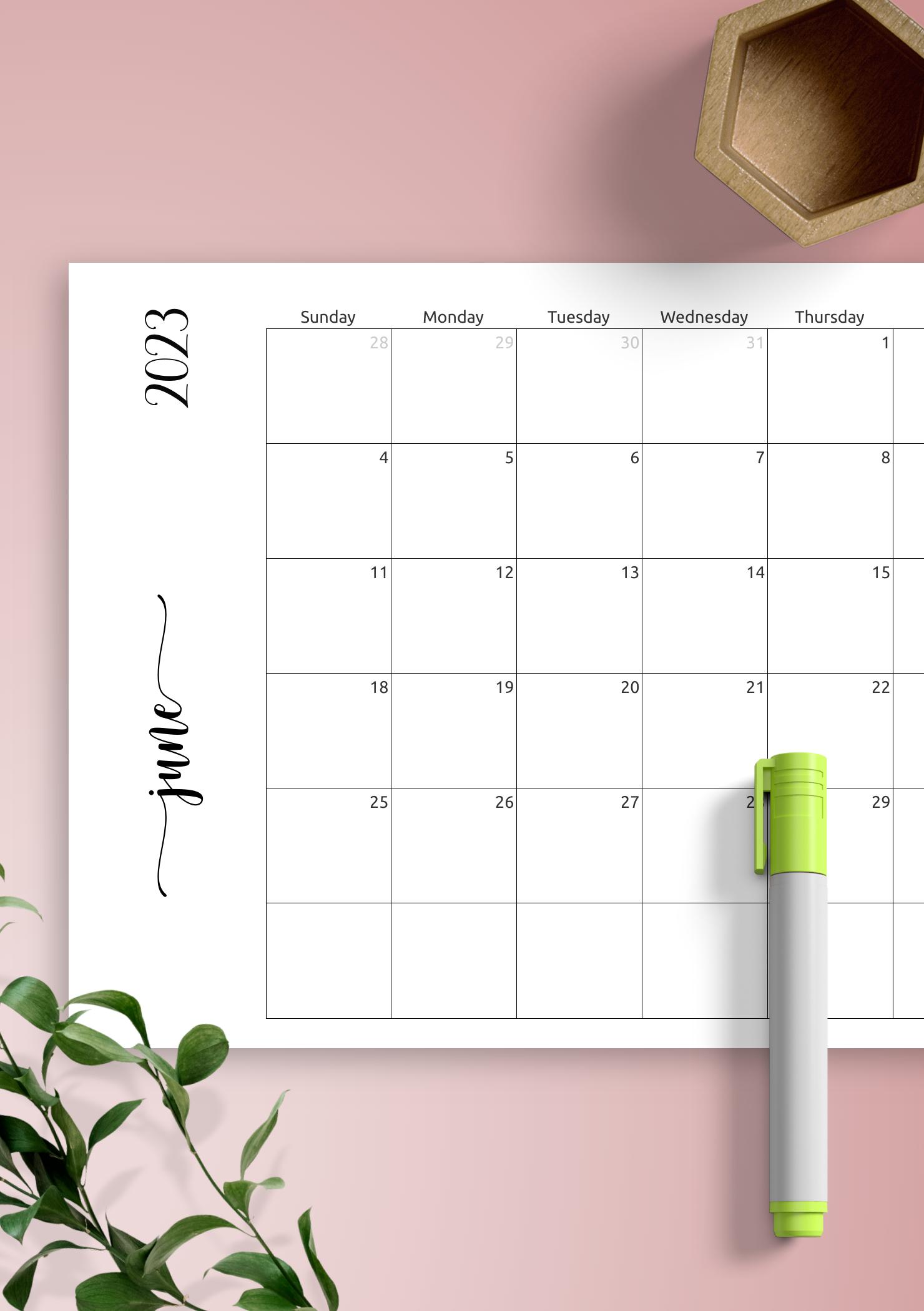 Download Printable Simple Monthly Calendar Horizontal PDF