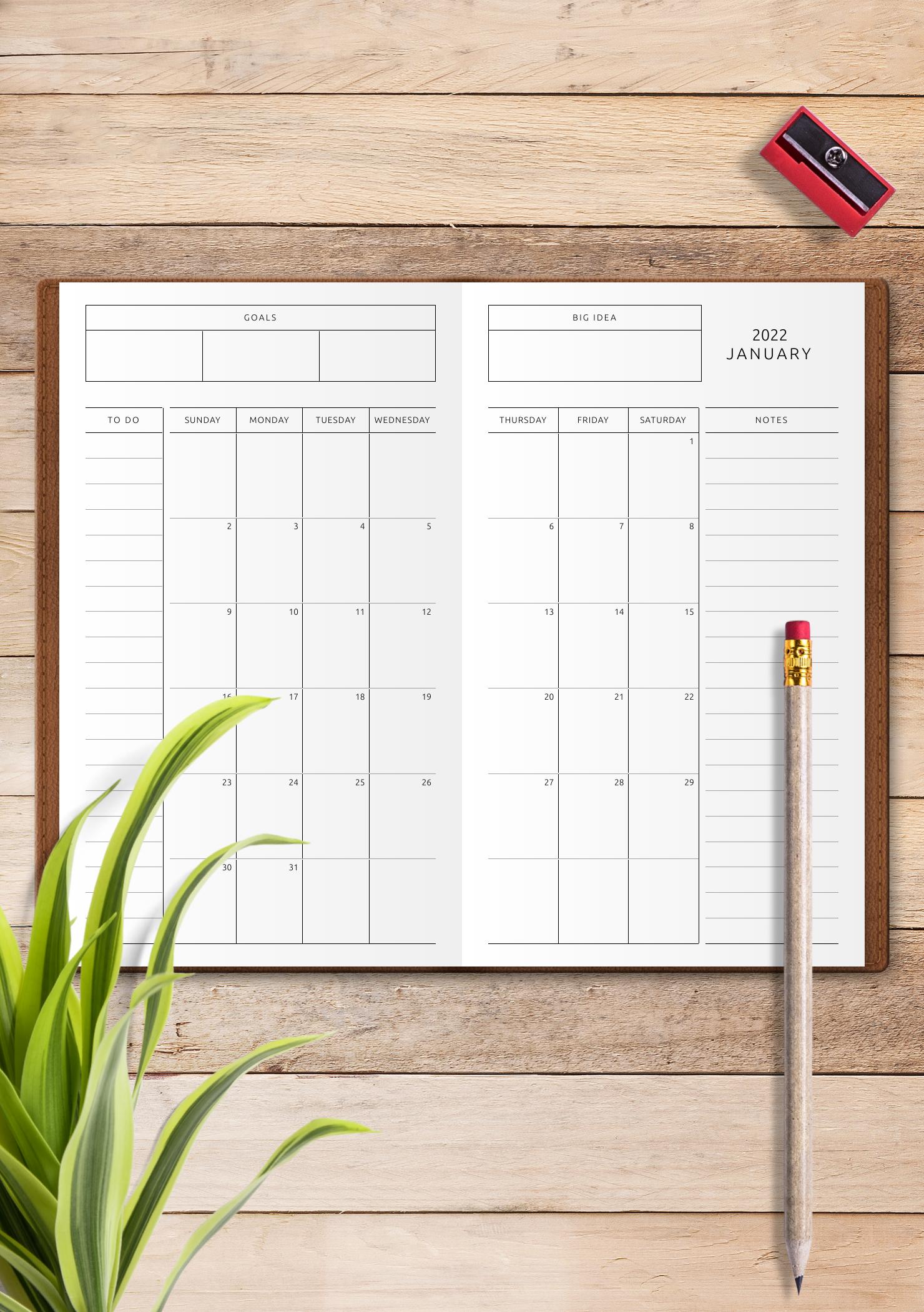 Download Printable Simple Monthly Calendar with Notes, To-Do, Goals ...