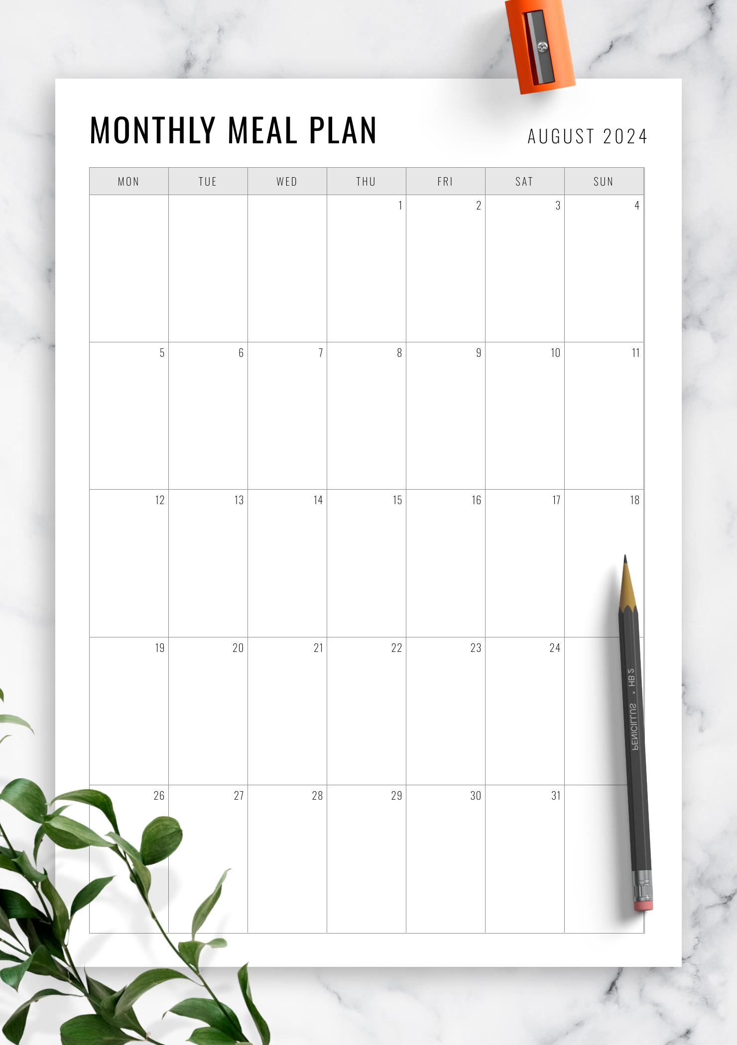 Download Printable Simple Monthly Meal Planner PDF