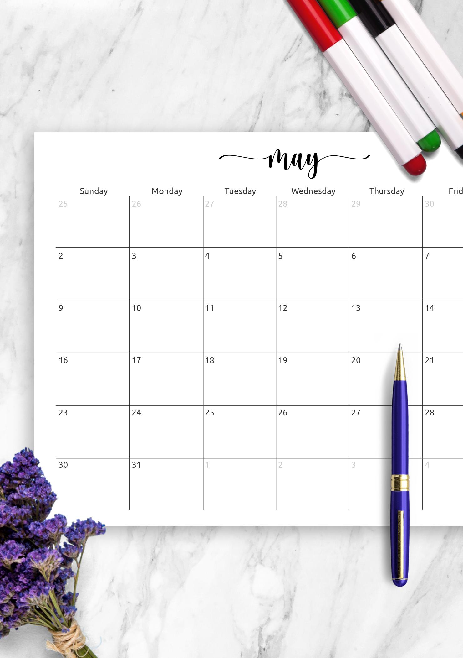 Download Printable Spacious Monthly Calendar Grid PDF