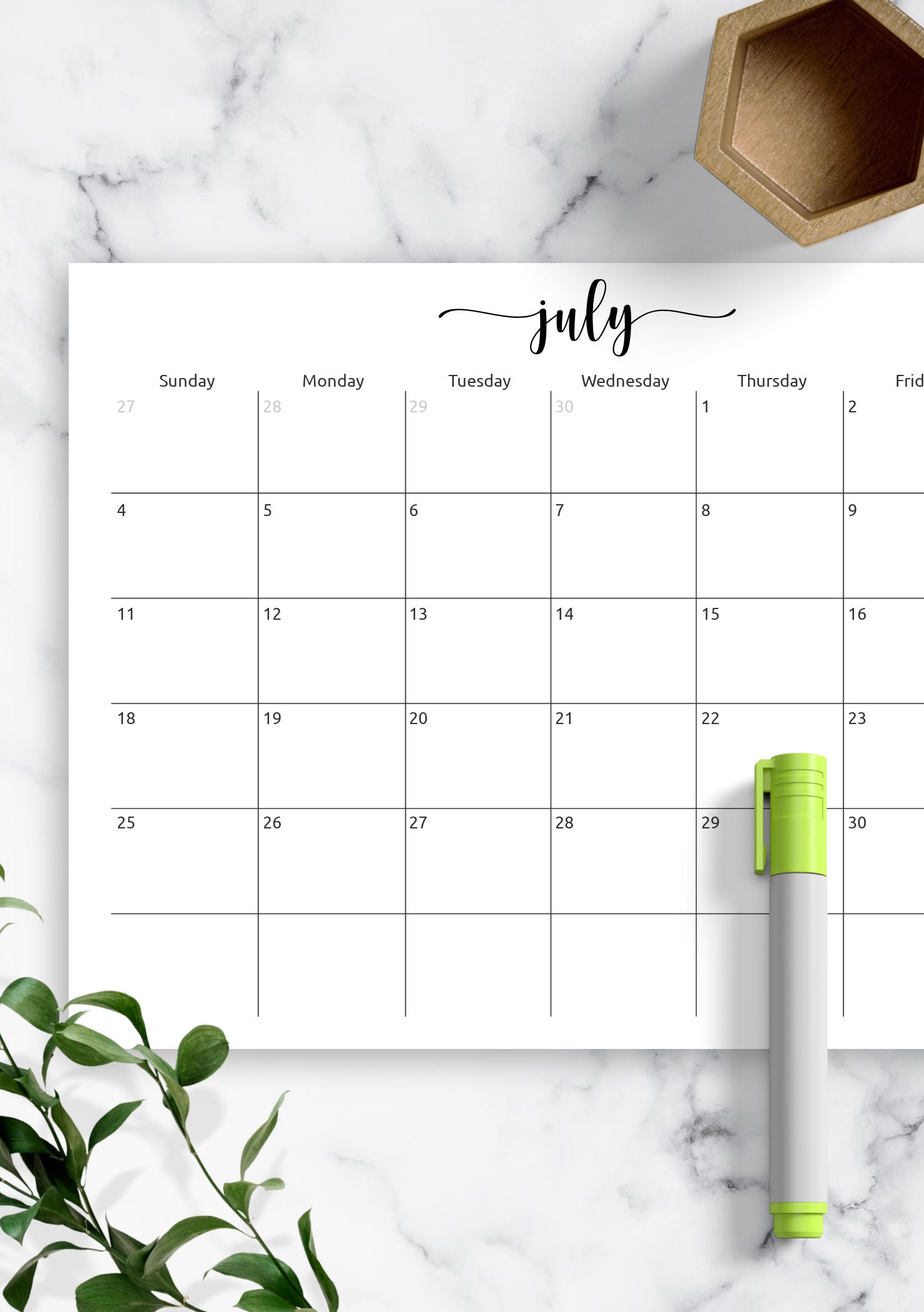 Download Printable Spacious Monthly Calendar Grid PDF
