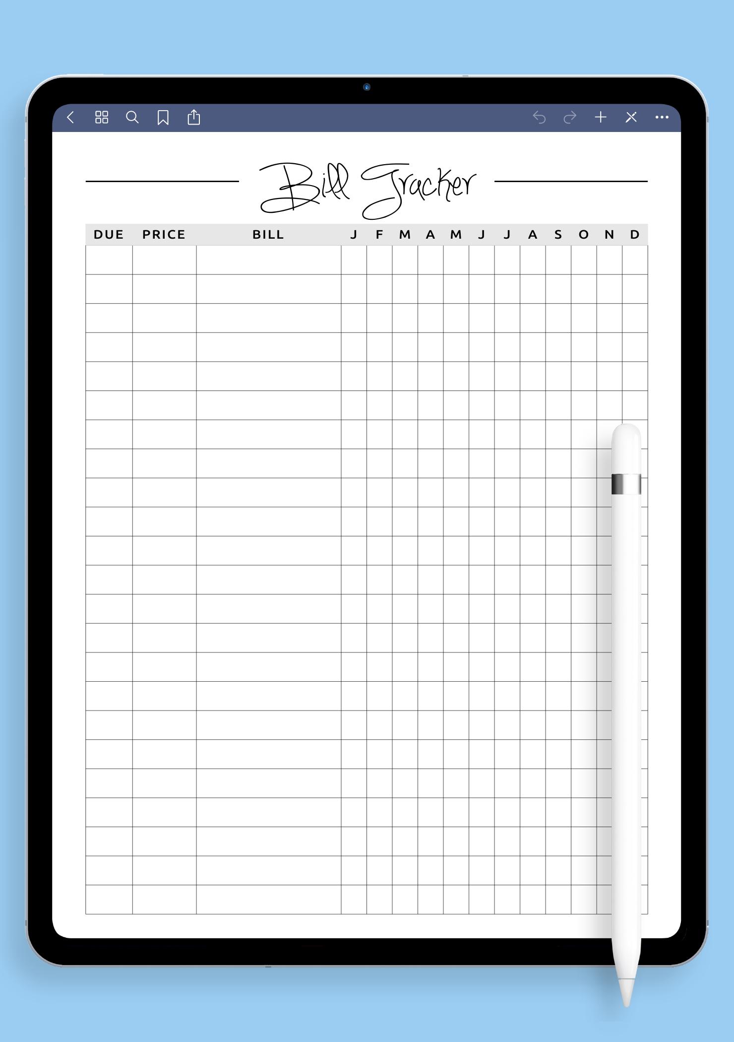 Download Printable Square grid monthly bill tracker PDF