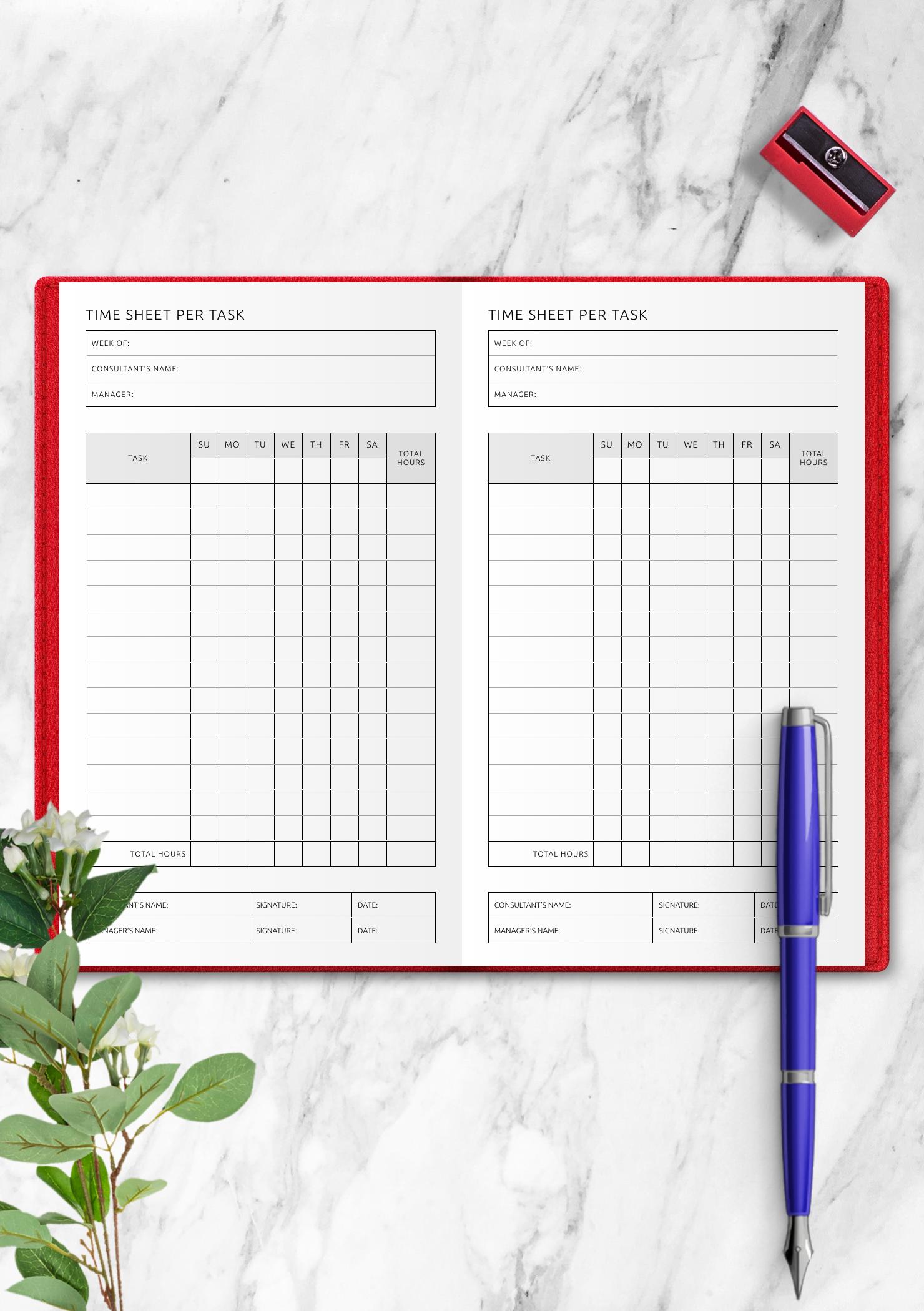 Download Printable Time Sheet Per Task PDF