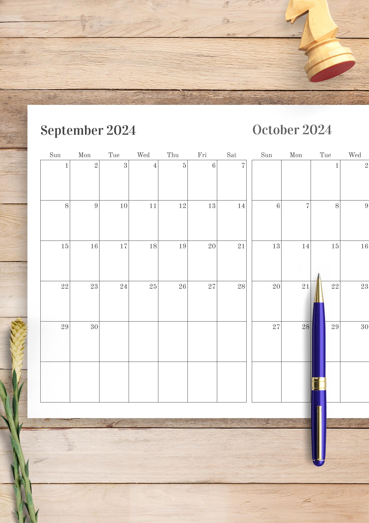 Download Printable Two Months on One Page Calendar PDF
