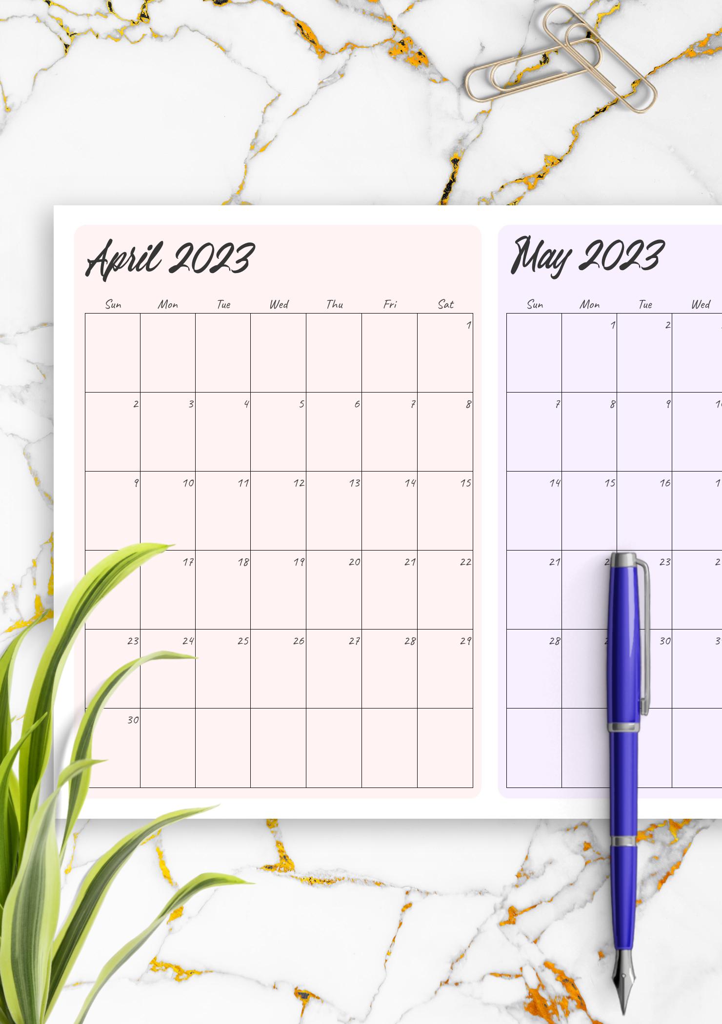 Download Printable Two Months On Page Calendar PDF
