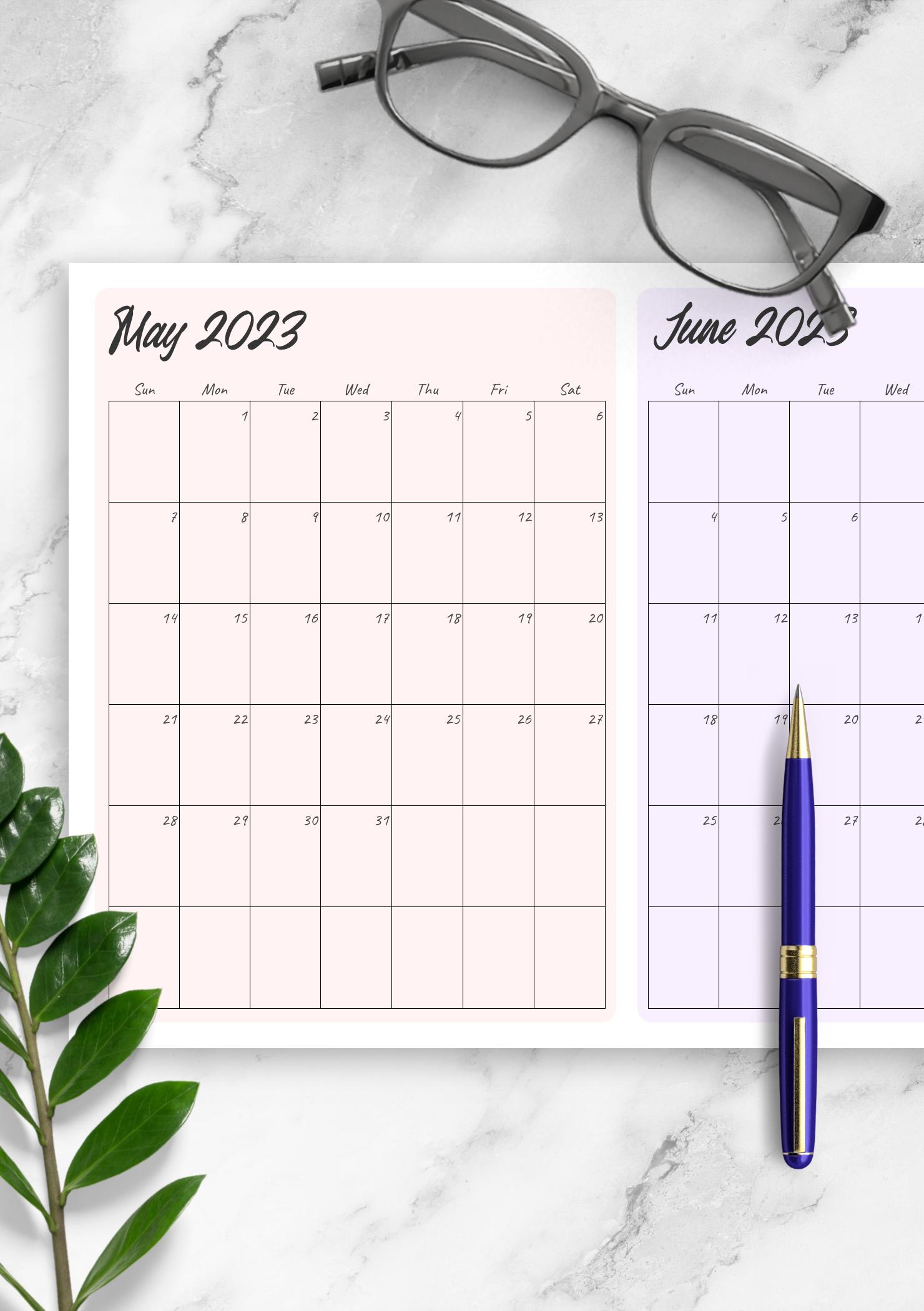 Download Printable Two Months On Page Calendar PDF