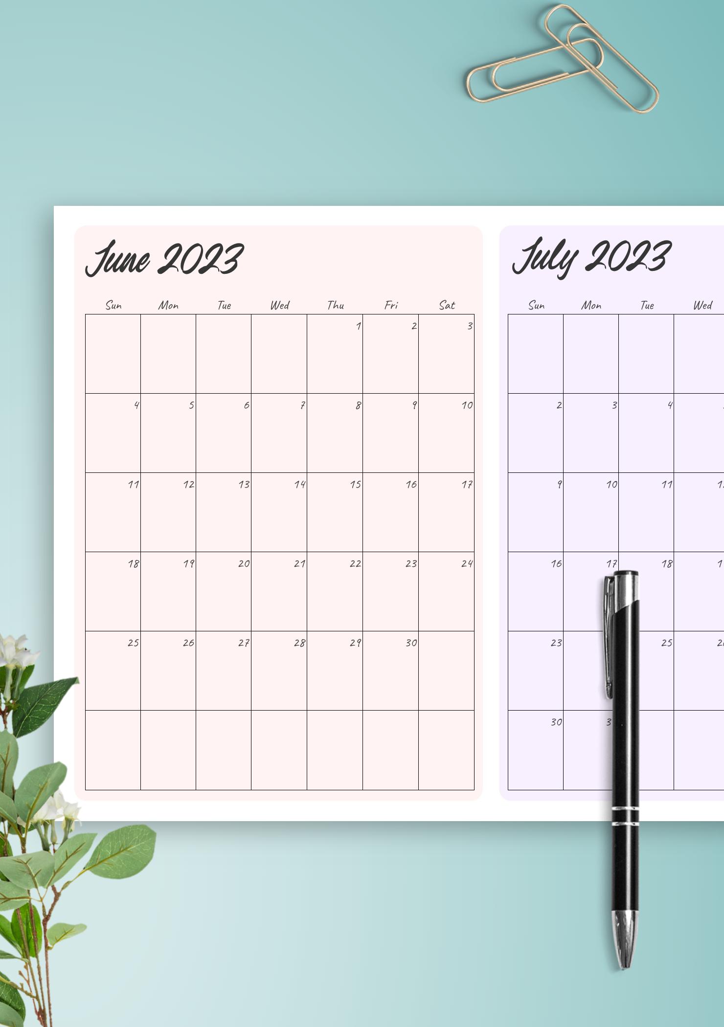 Download Printable Two Months On Page Calendar PDF