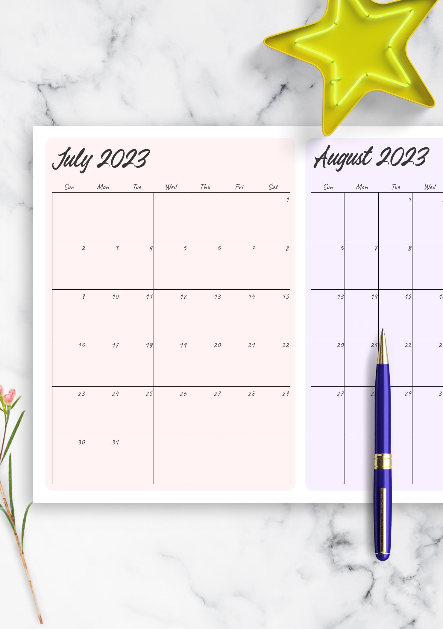 Download Printable Two Months On Page Calendar PDF