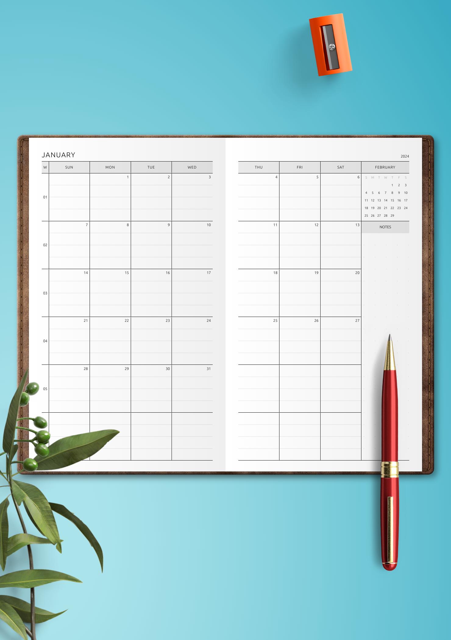 Download Printable Two Page Lined Monthly Calendar PDF