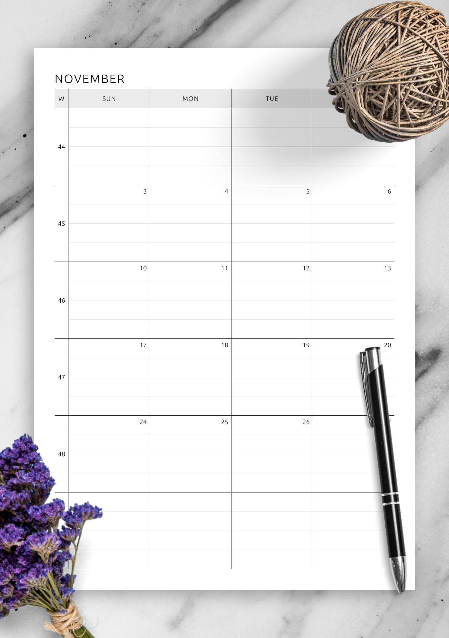 Download Printable Two Page Lined Monthly Calendar PDF