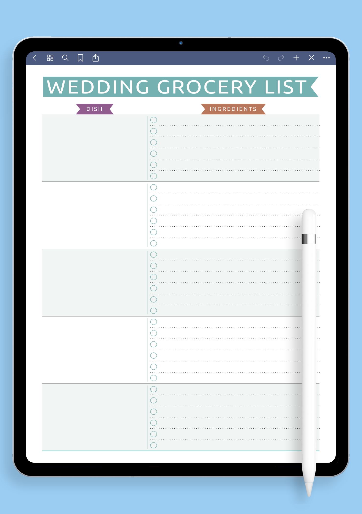 Download Printable Wedding Grocery List Template Casual PDF