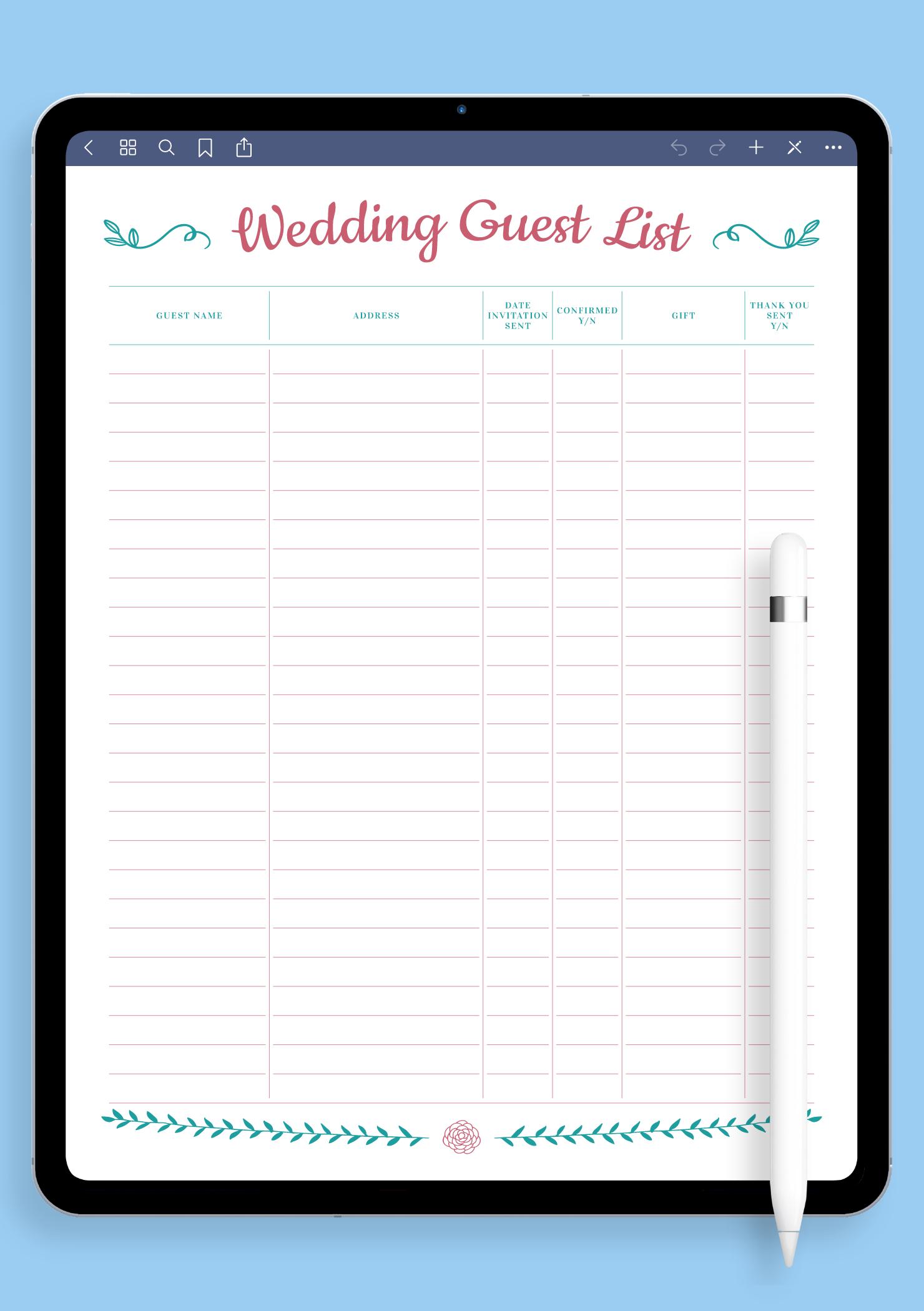 Download Printable Wedding Guest List with Gift Section PDF