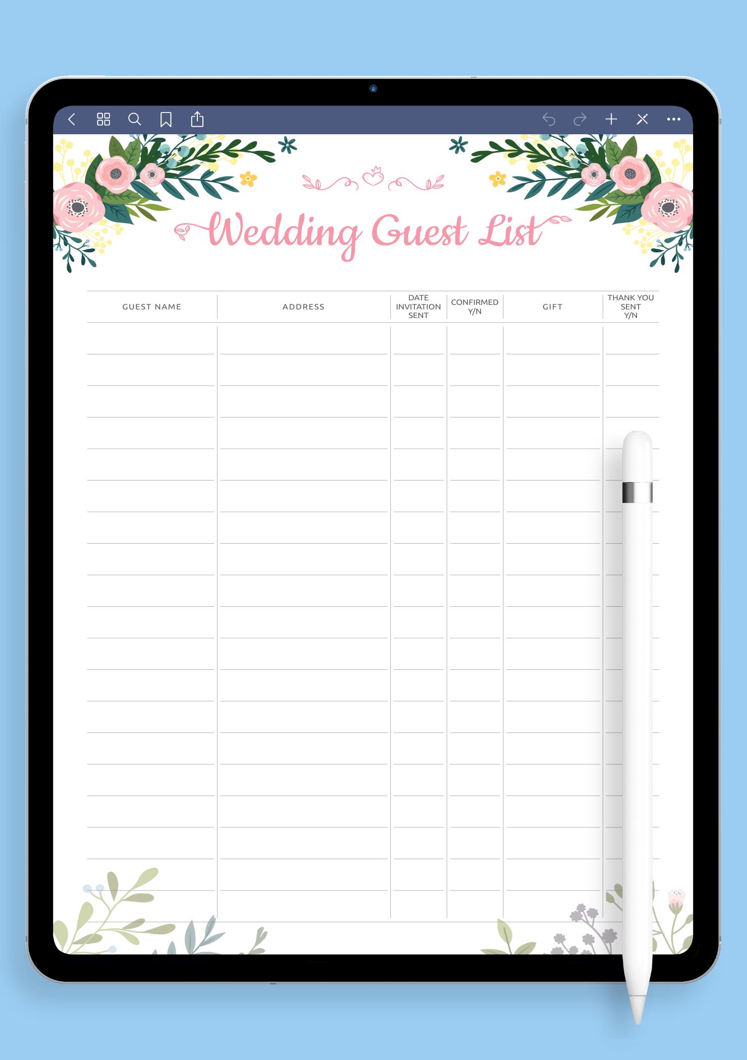 Download Printable Wedding Guest List Template with Floral Pattern PDF