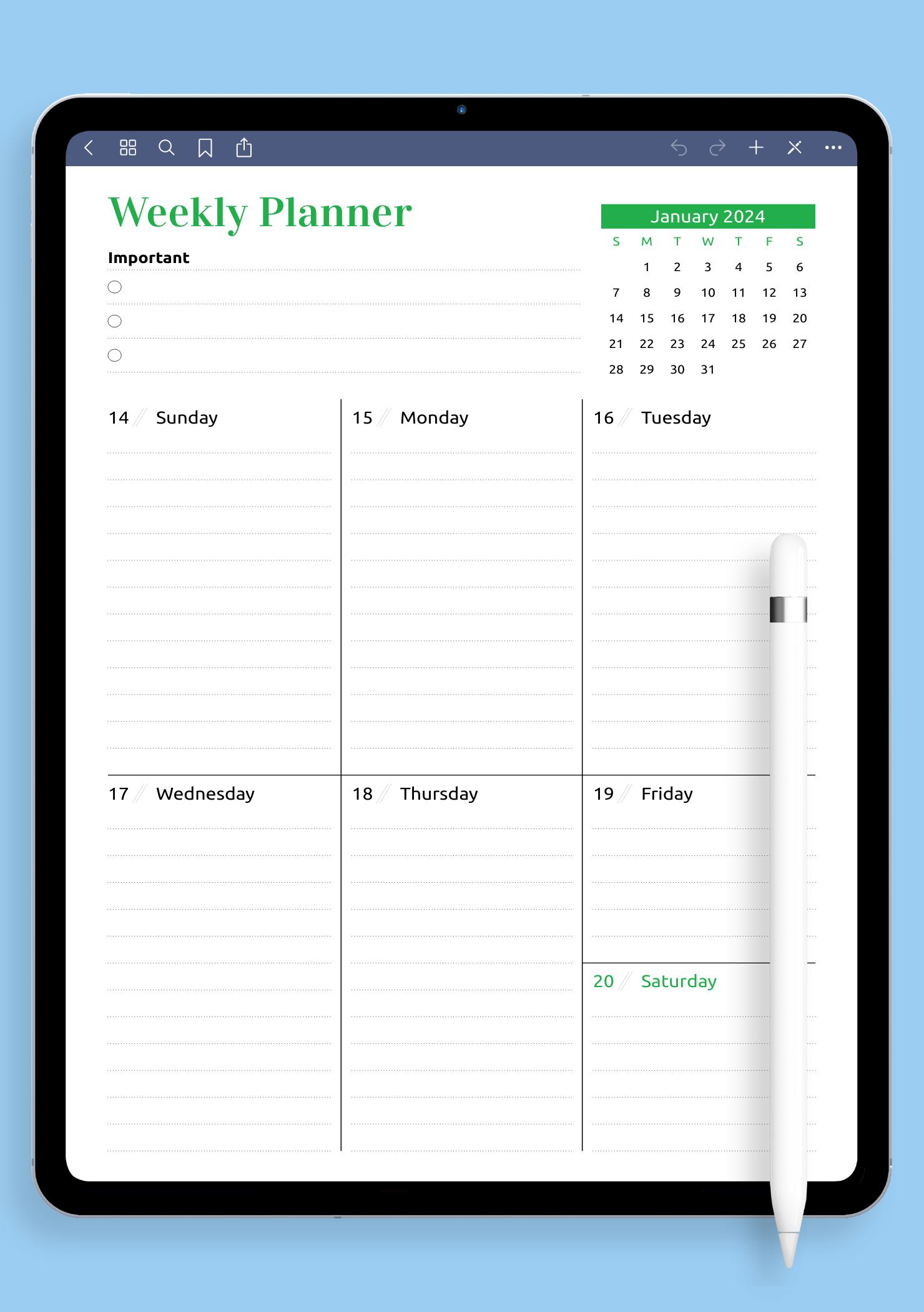 Download Printable Week at a Glance planner with calendar PDF