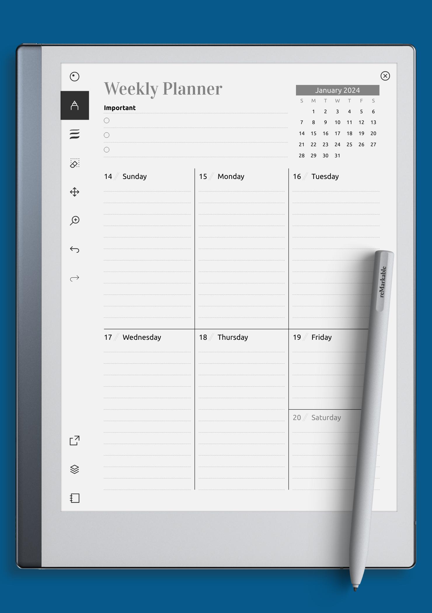 Download Printable Week at a Glance planner with calendar PDF