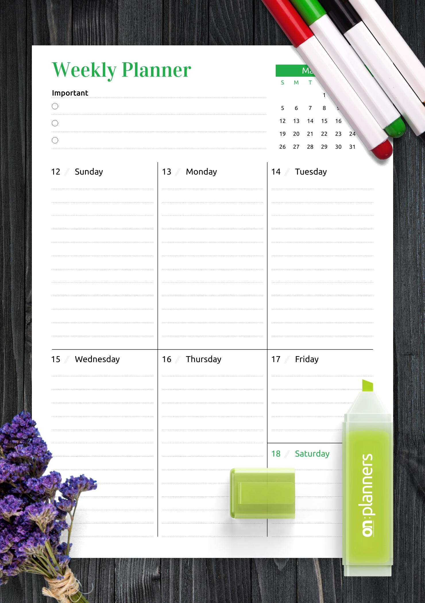 Download Printable Week at a Glance planner with calendar PDF