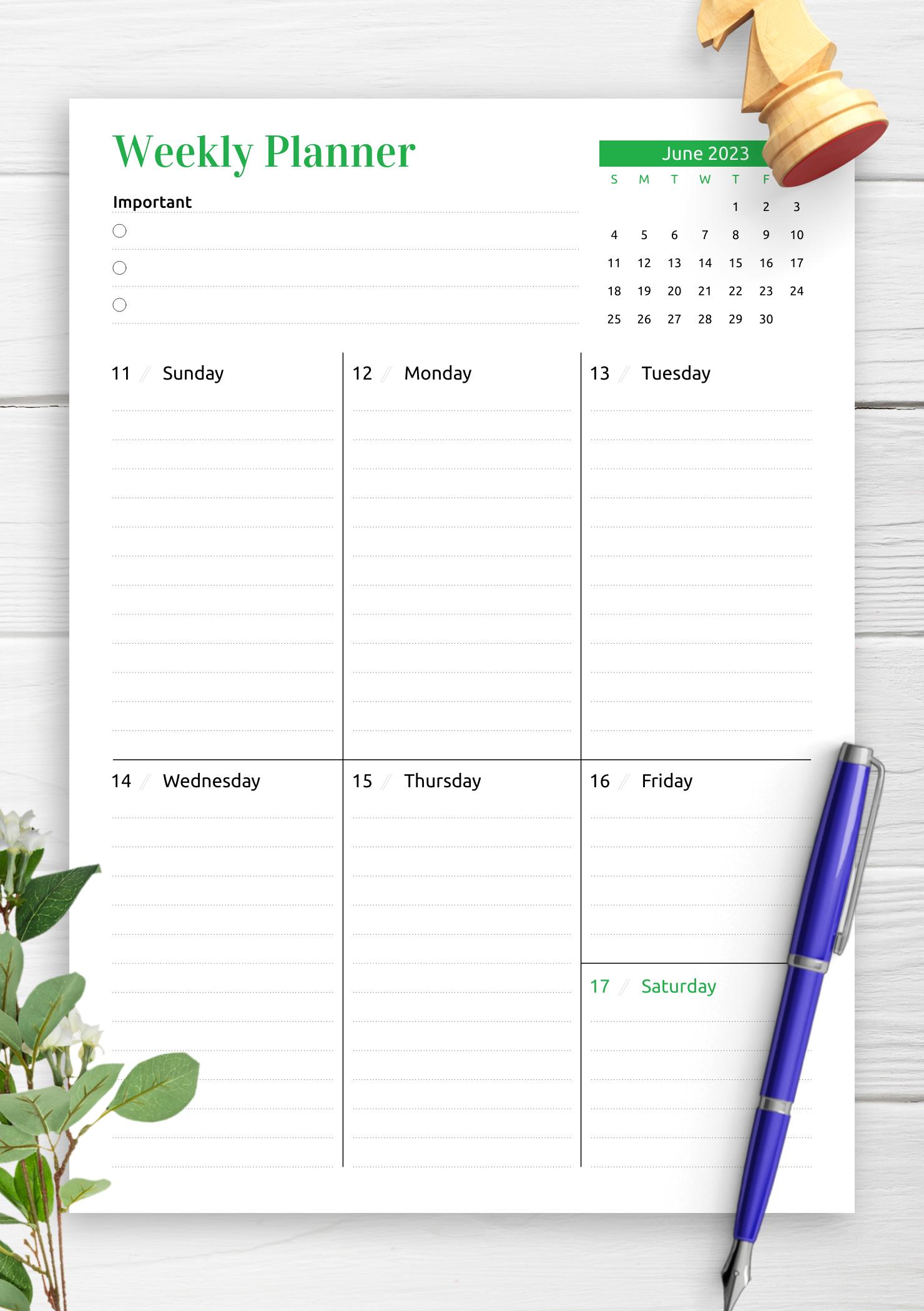 Download Printable Week at a Glance planner with calendar PDF