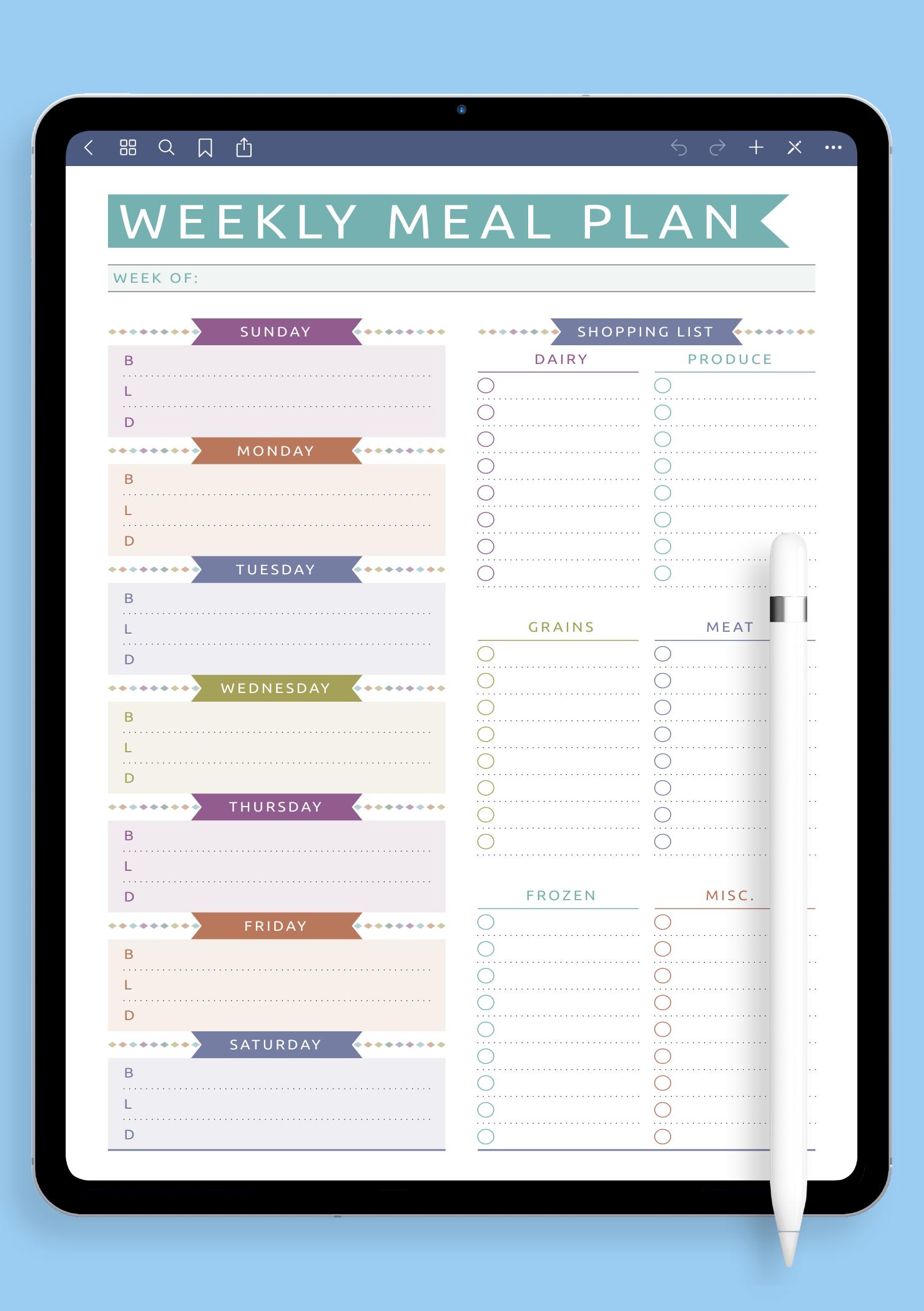 Download Printable Weekly Meal Plan with Shopping List - Casual Style PDF