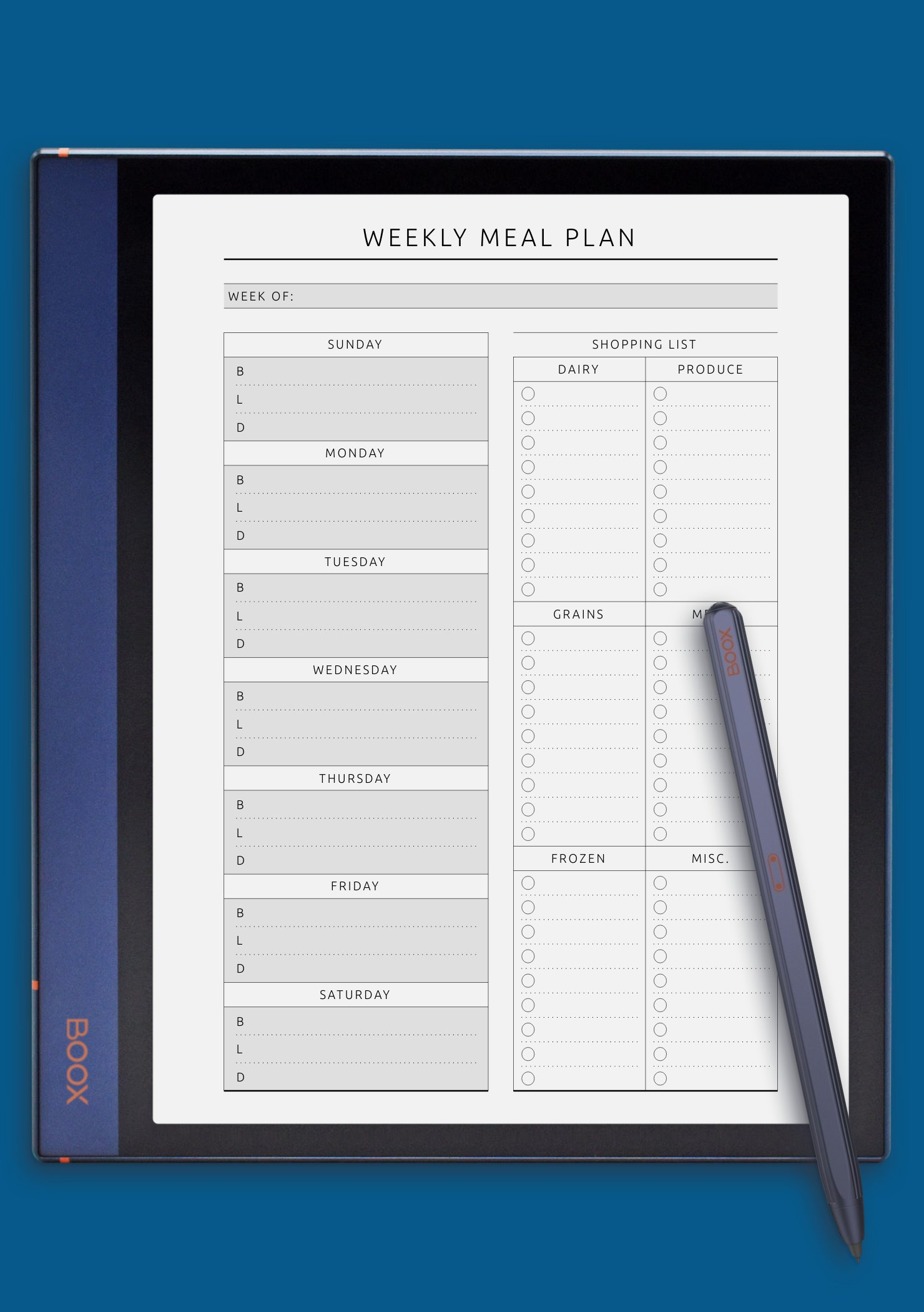 Download Printable Weekly Meal Plan with Shopping List - Original Style PDF