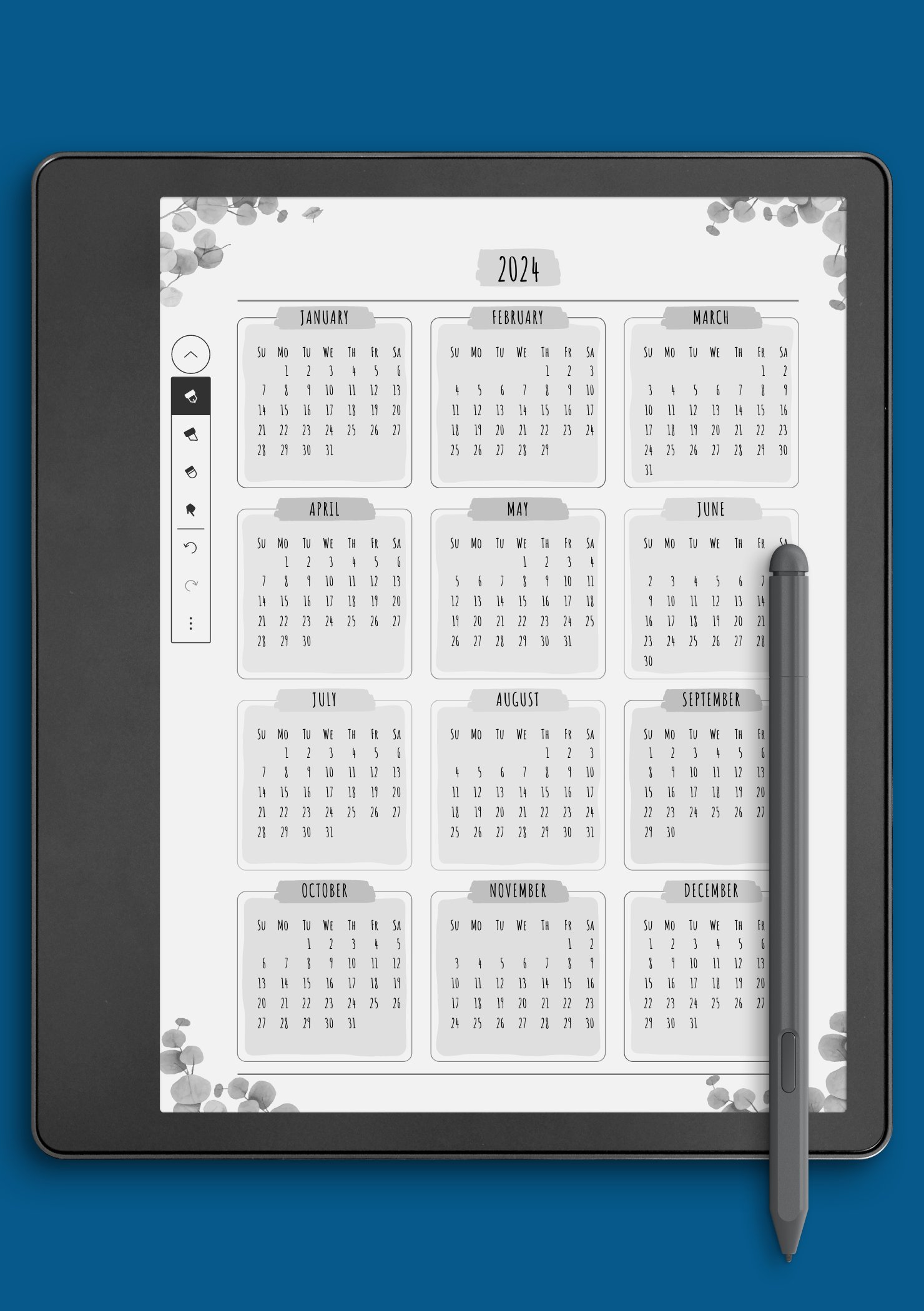 Download Printable Yearly Calendar - Floral Style PDF