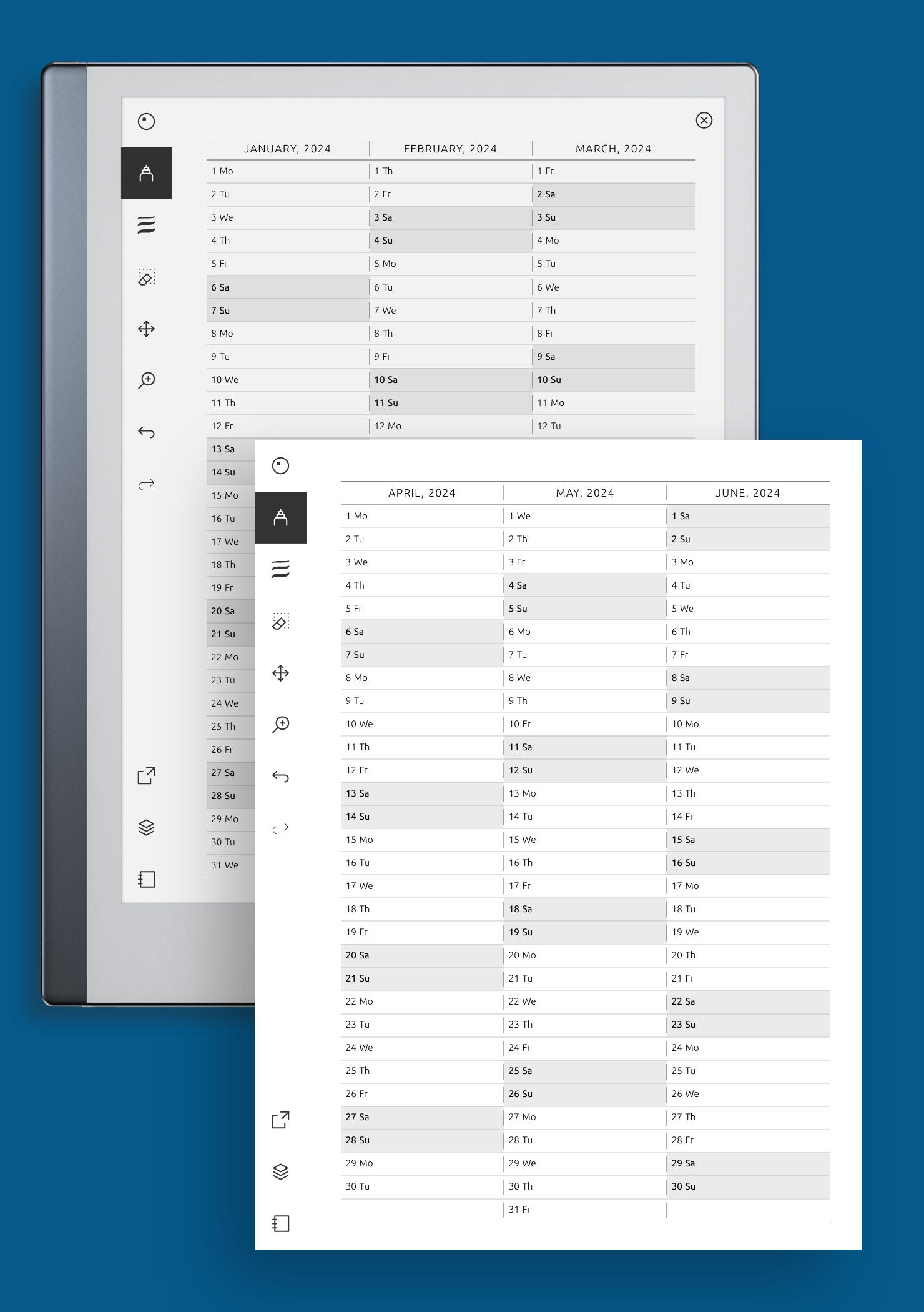Download Printable Yearly Vertical Calendar on Four Pages PDF