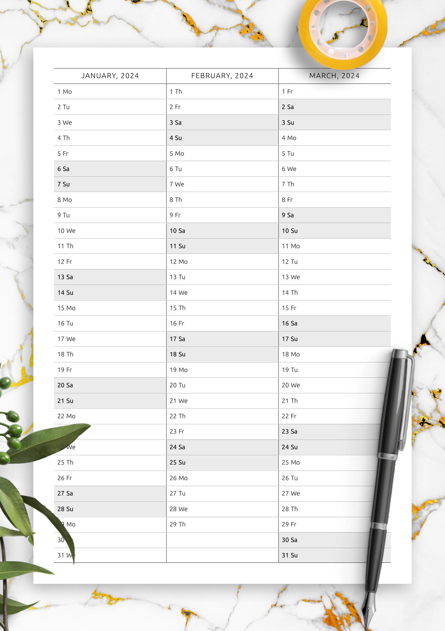 Download Printable Yearly Vertical Calendar on Four Pages PDF
