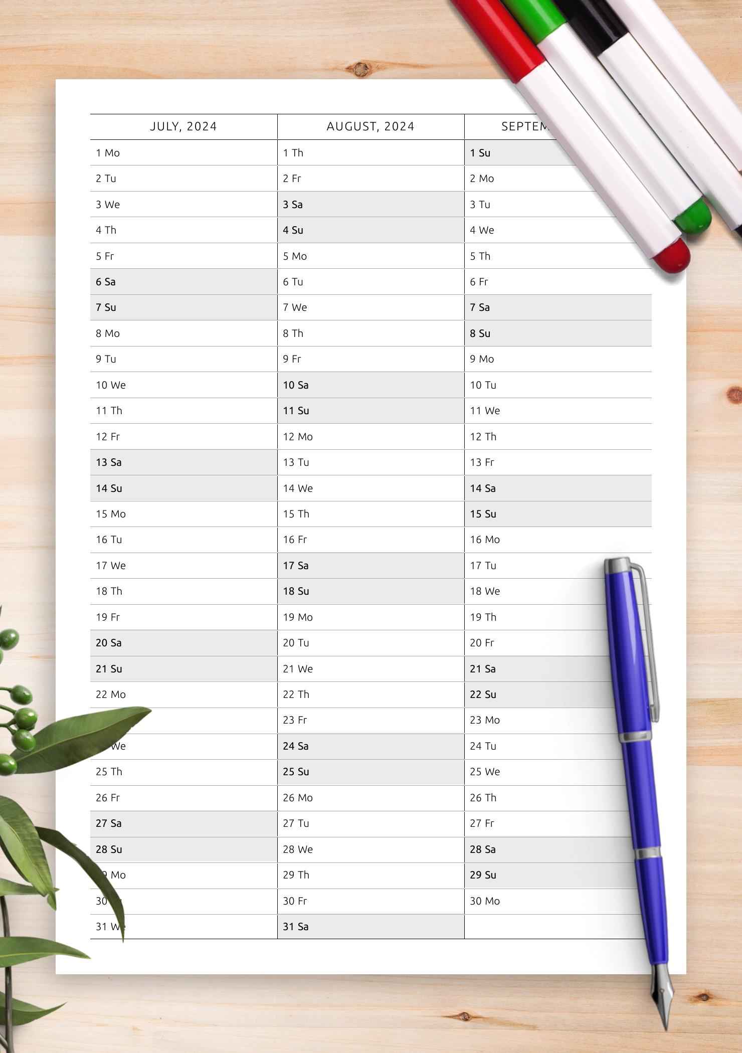 Download Printable Yearly Vertical Calendar on Four Pages PDF