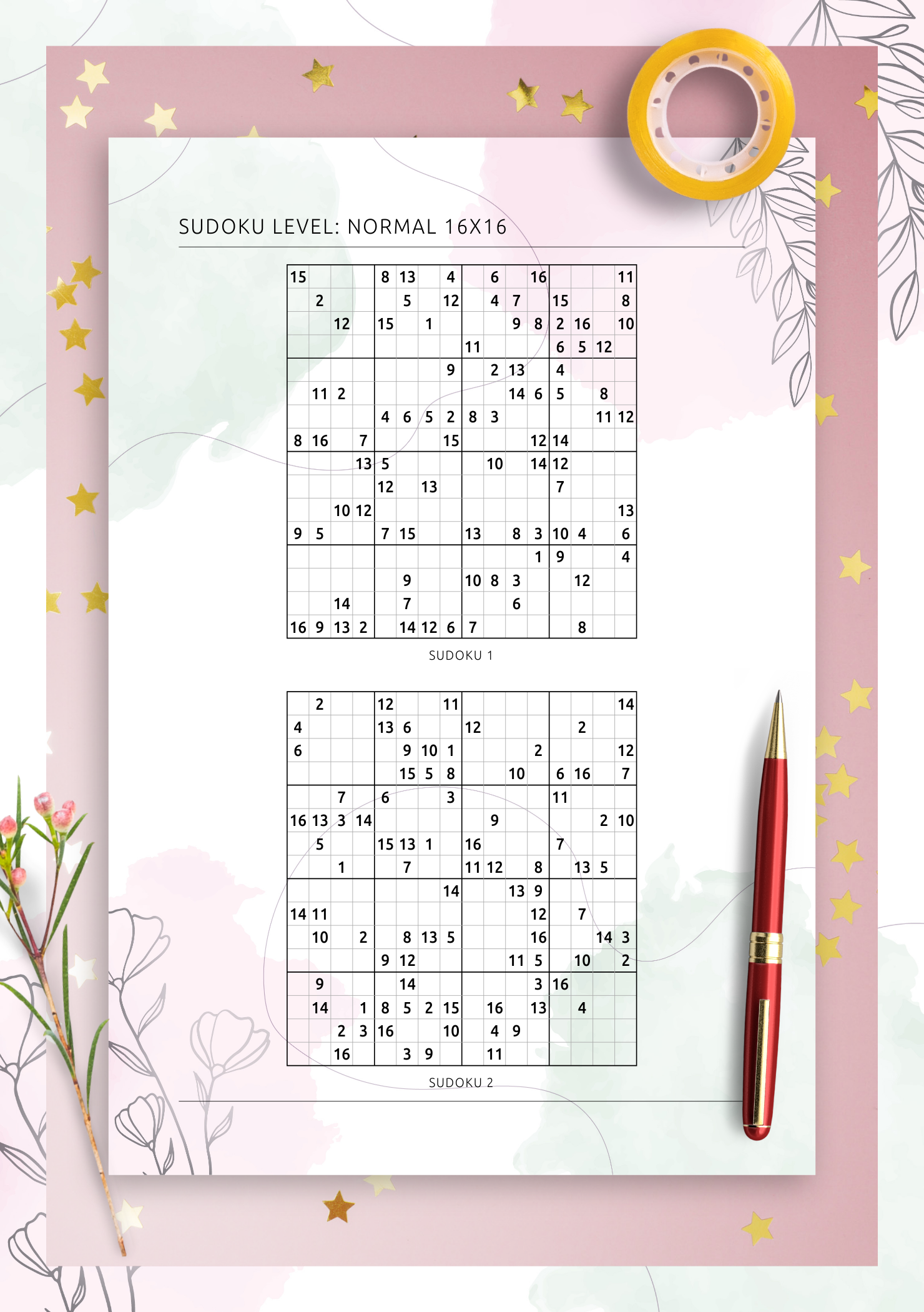 Download Printable 16x16 Medium Sudoku – Vertical (2 On Page) PDF