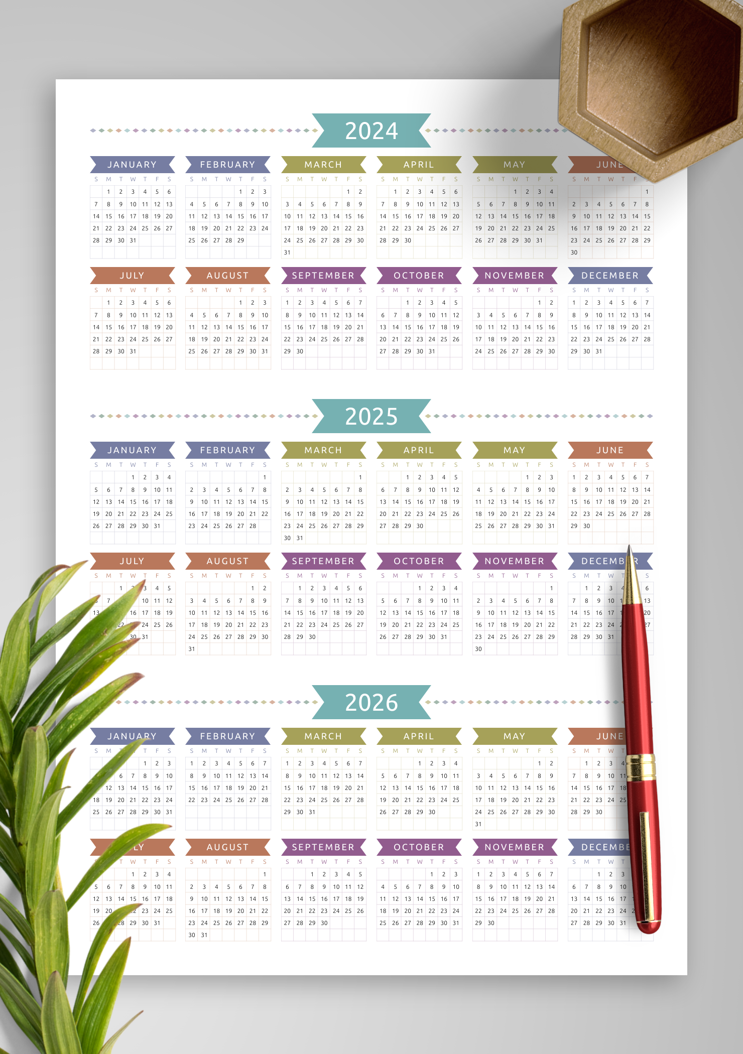 Download Printable 3-year Calendar Template - Casual Style PDF