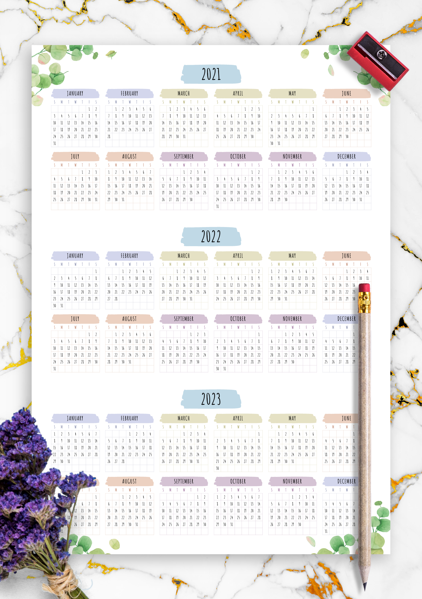 Download Printable 3year Calendar Template Floral Style PDF