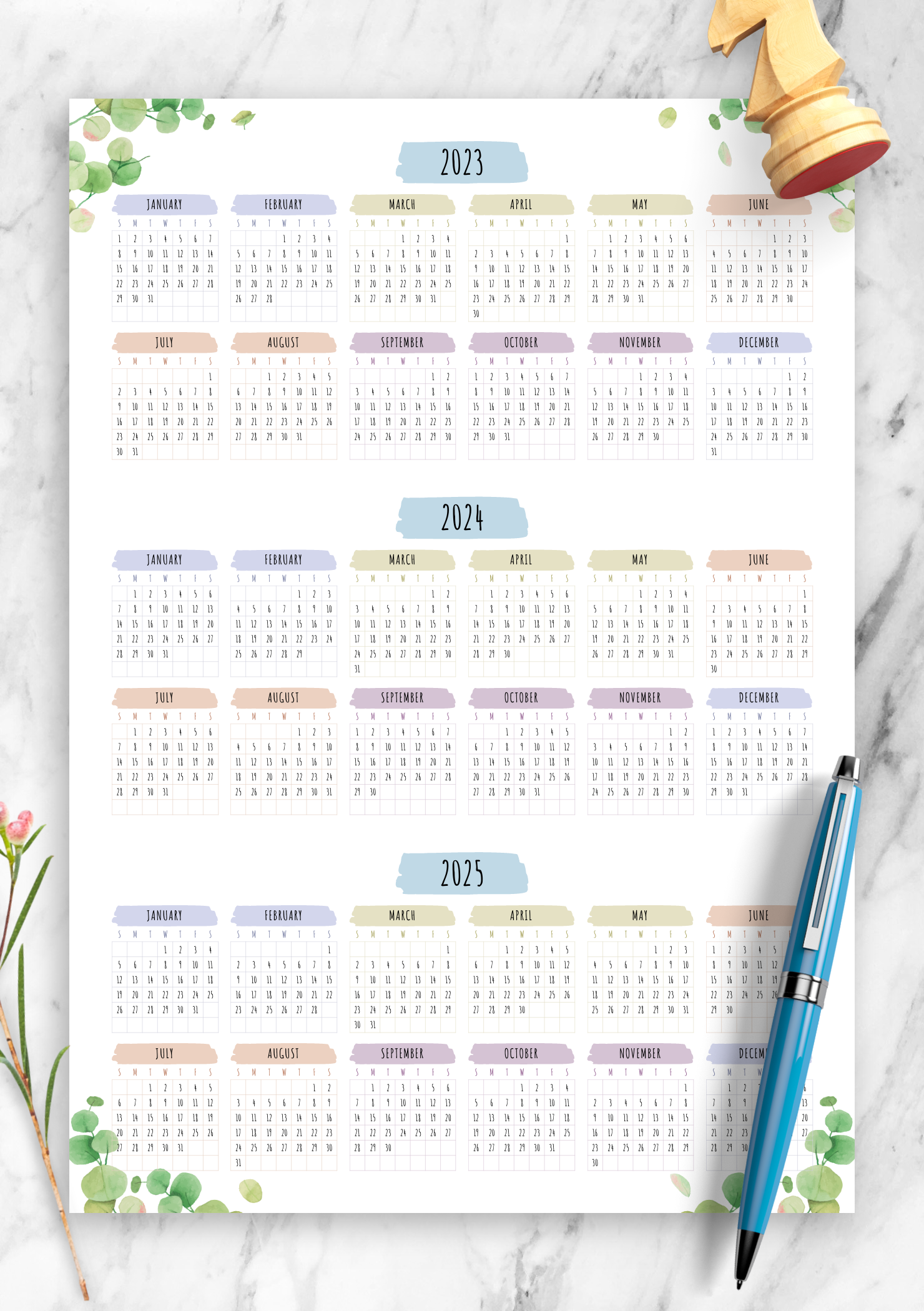 Download Printable 3-year Calendar Template - Floral Style PDF