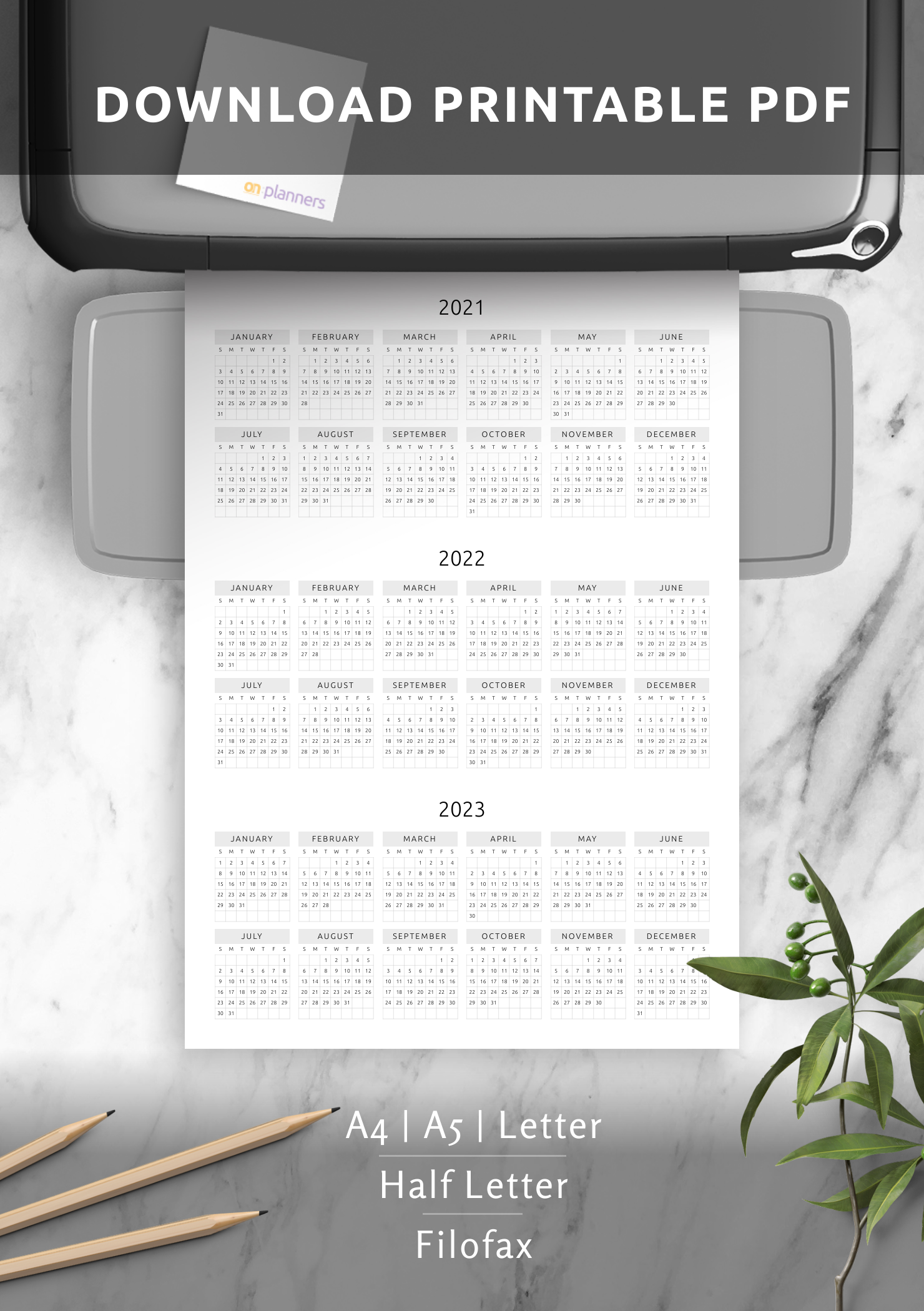 Download Printable 3year Calendar Template Original Style PDF