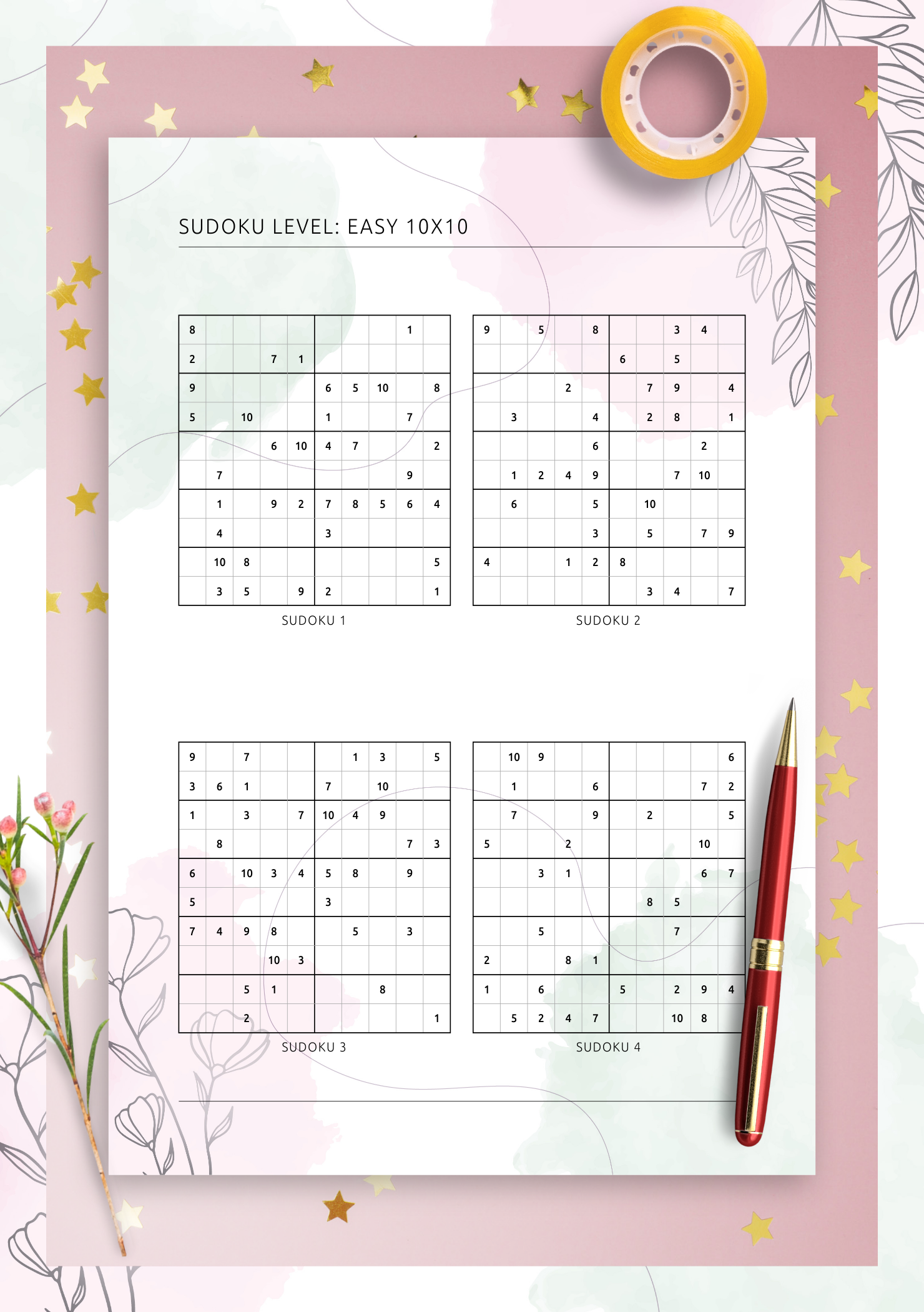 Download Printable 10x10 Easy Sudoku Vertical (4 On Page) PDF