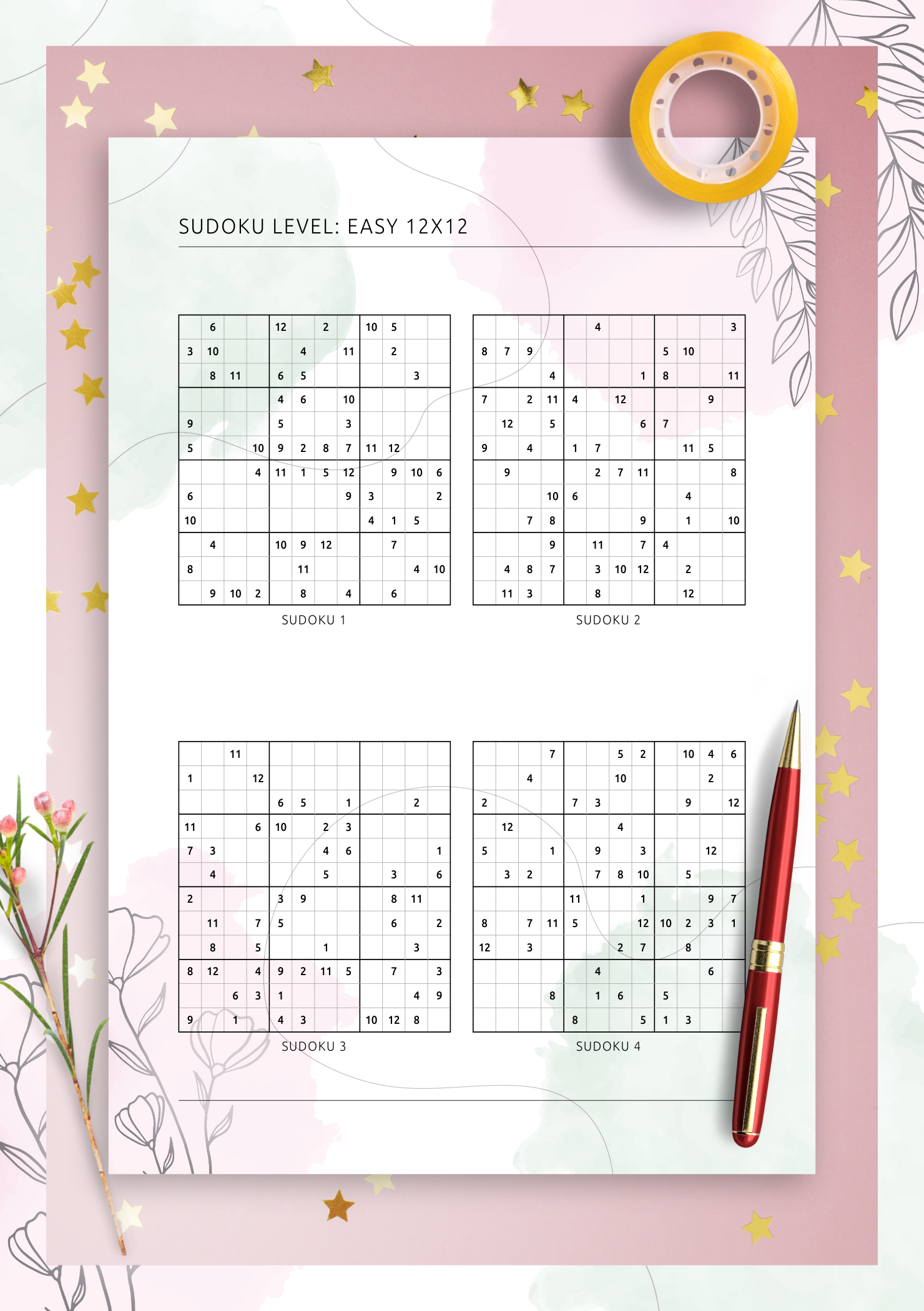 Download Printable 12x12 Easy Sudoku – Vertical (4 On Page) PDF