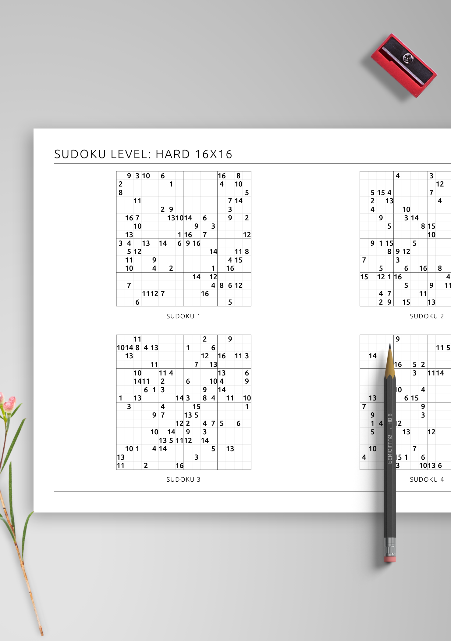 Download Printable 16x16 Hard Sudoku – Horizontal (4 On Page) PDF