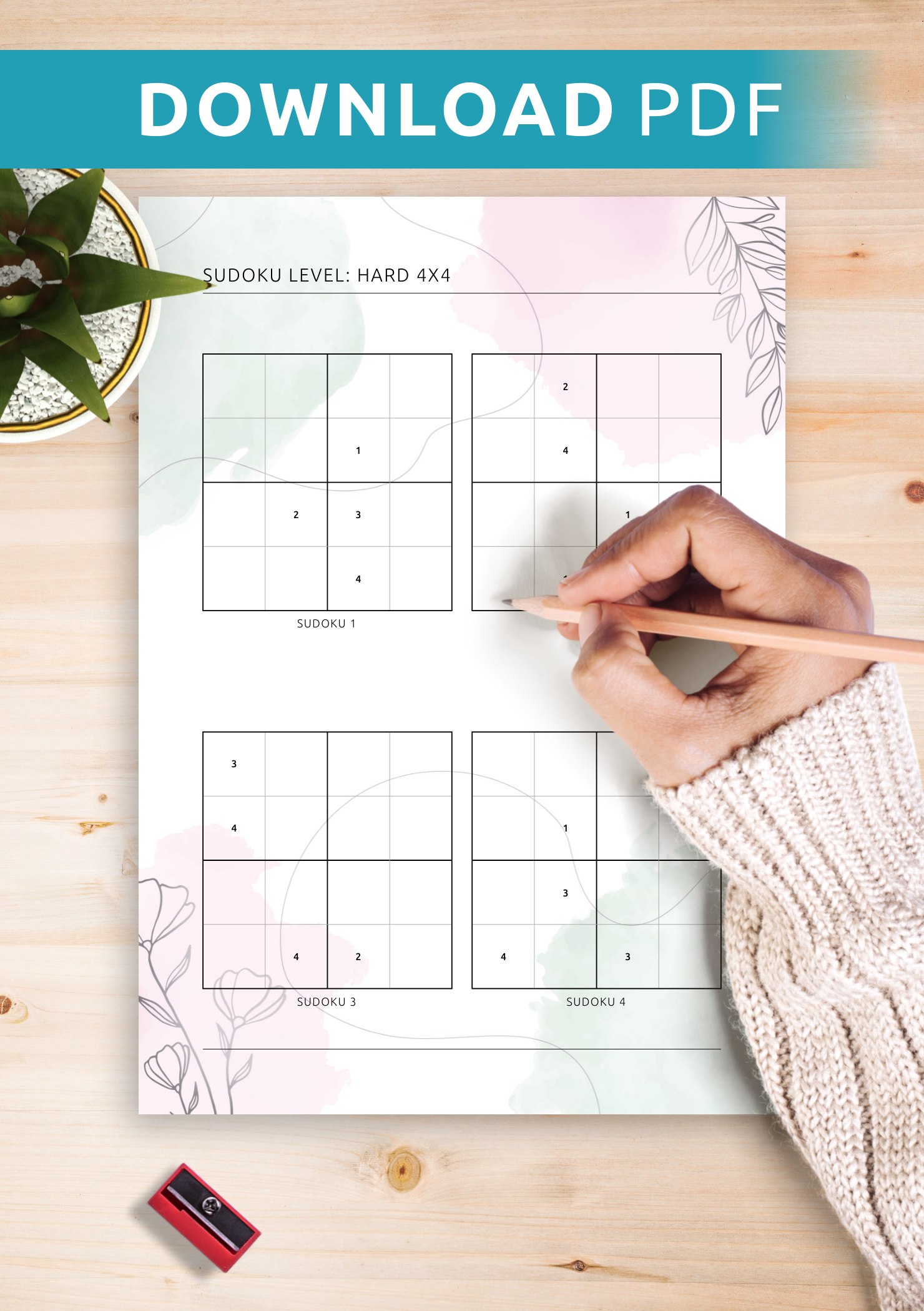 Download Printable 4x4 Hard Sudoku - Vertical (4 On Page) PDF