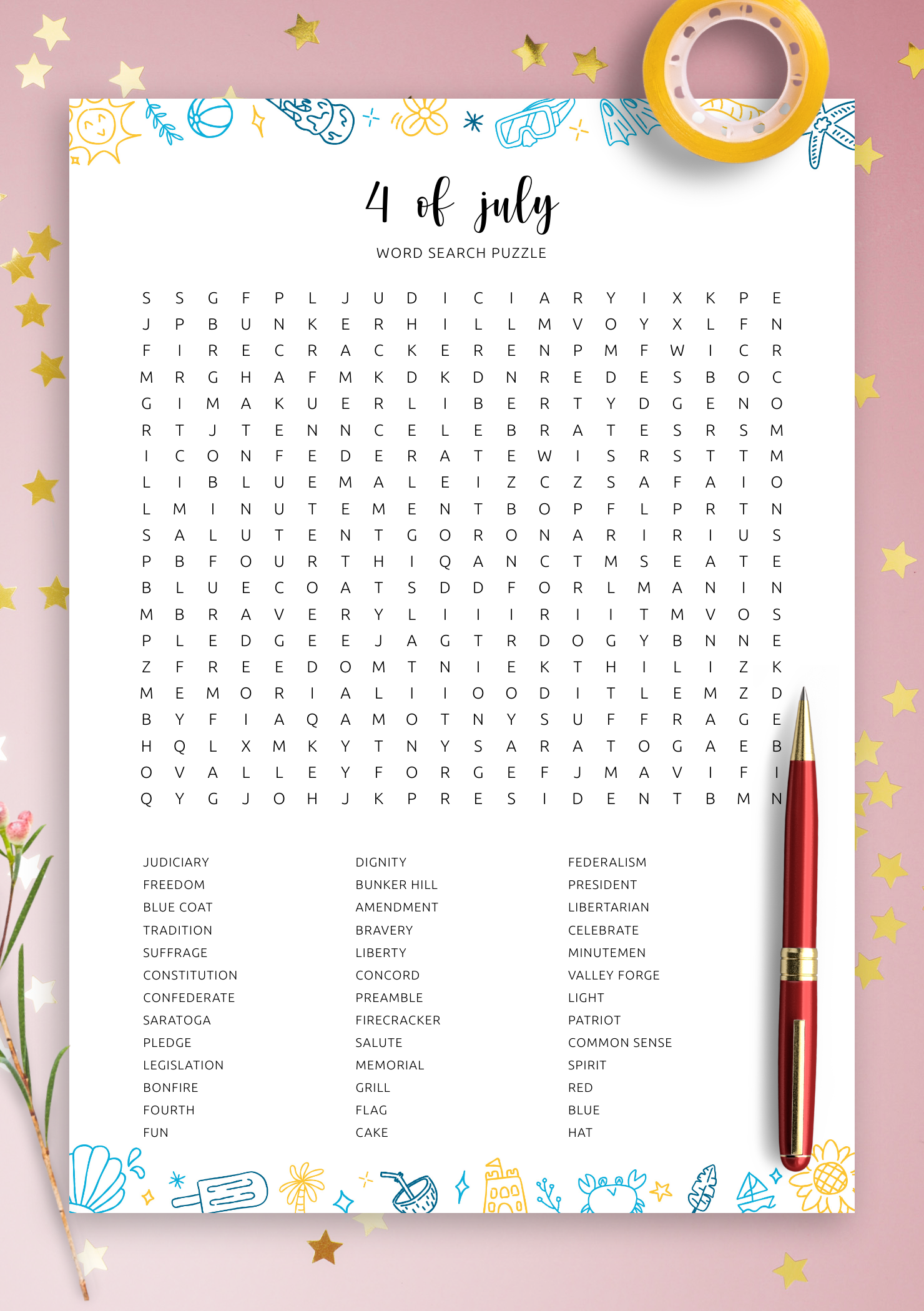 Download Printable Fourth of July Word Search in PDF