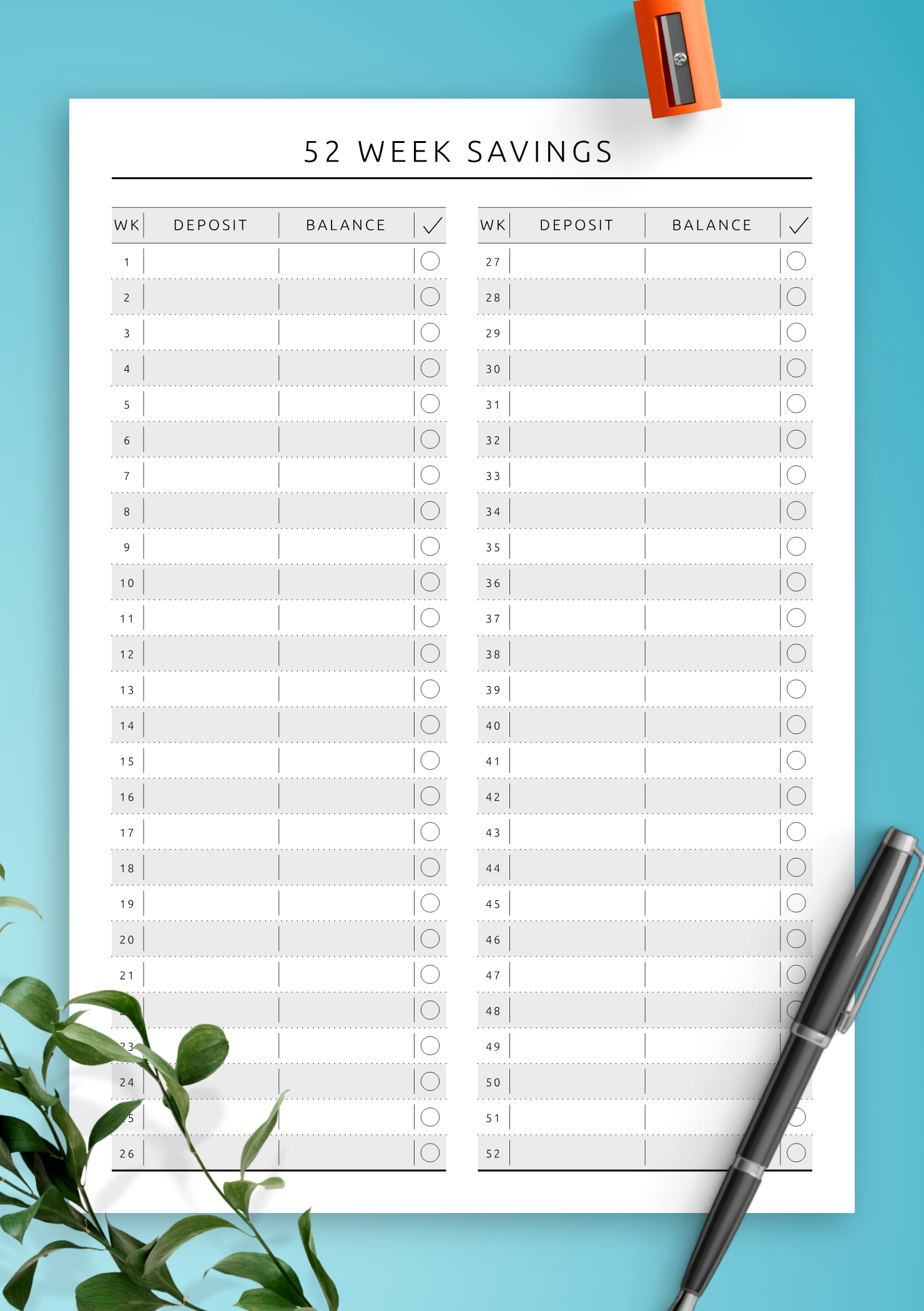 52 week savings plan printable planner pages