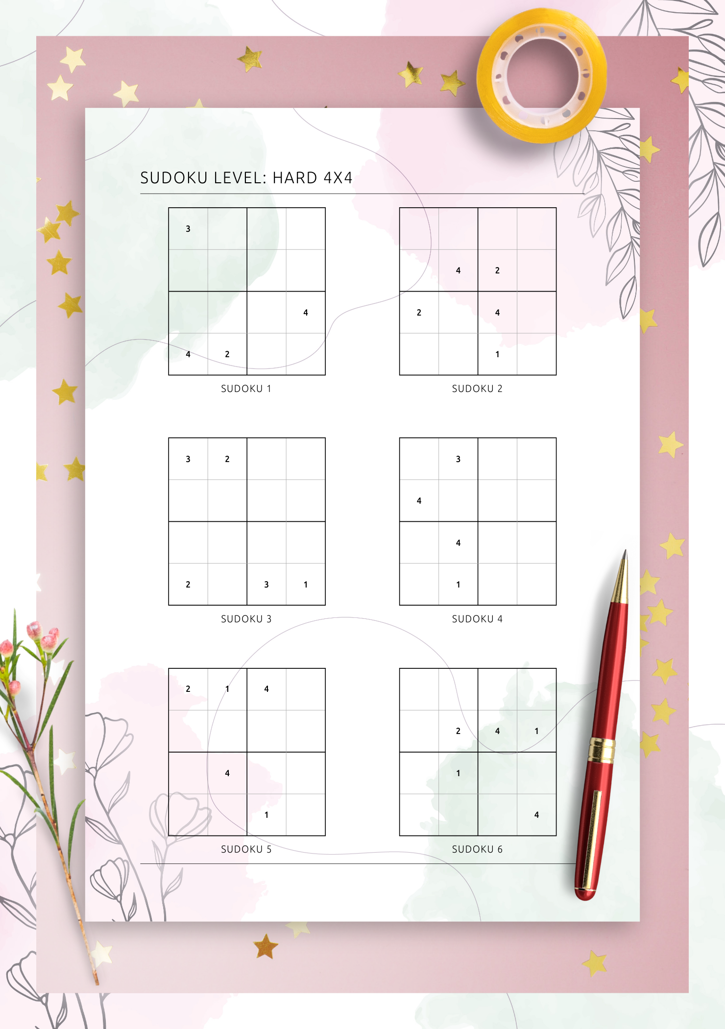 Download Printable 4x4 Hard Sudoku - Vertical (6 On Page) PDF