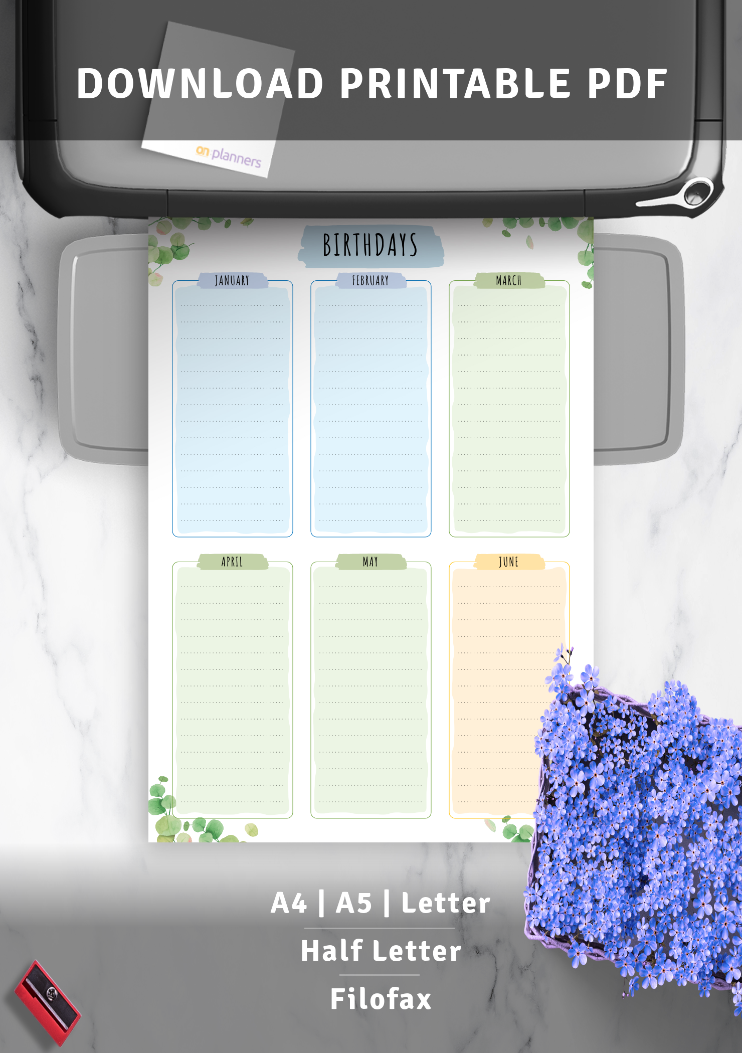 download printable birthday calendar floral style pdf