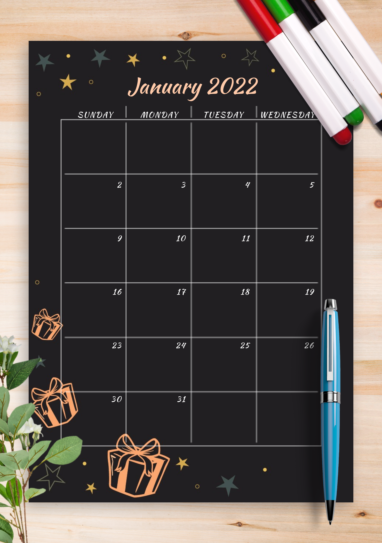 Download Printable Black Monthly Birthday Calendar PDF