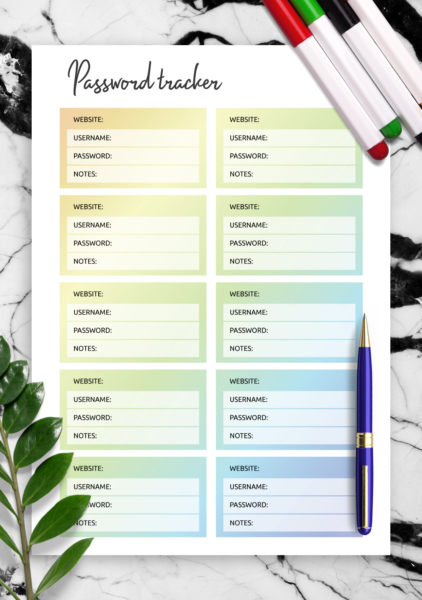 Download Printable Colored Gradient Sections Password Tracker Template Pdf 2441