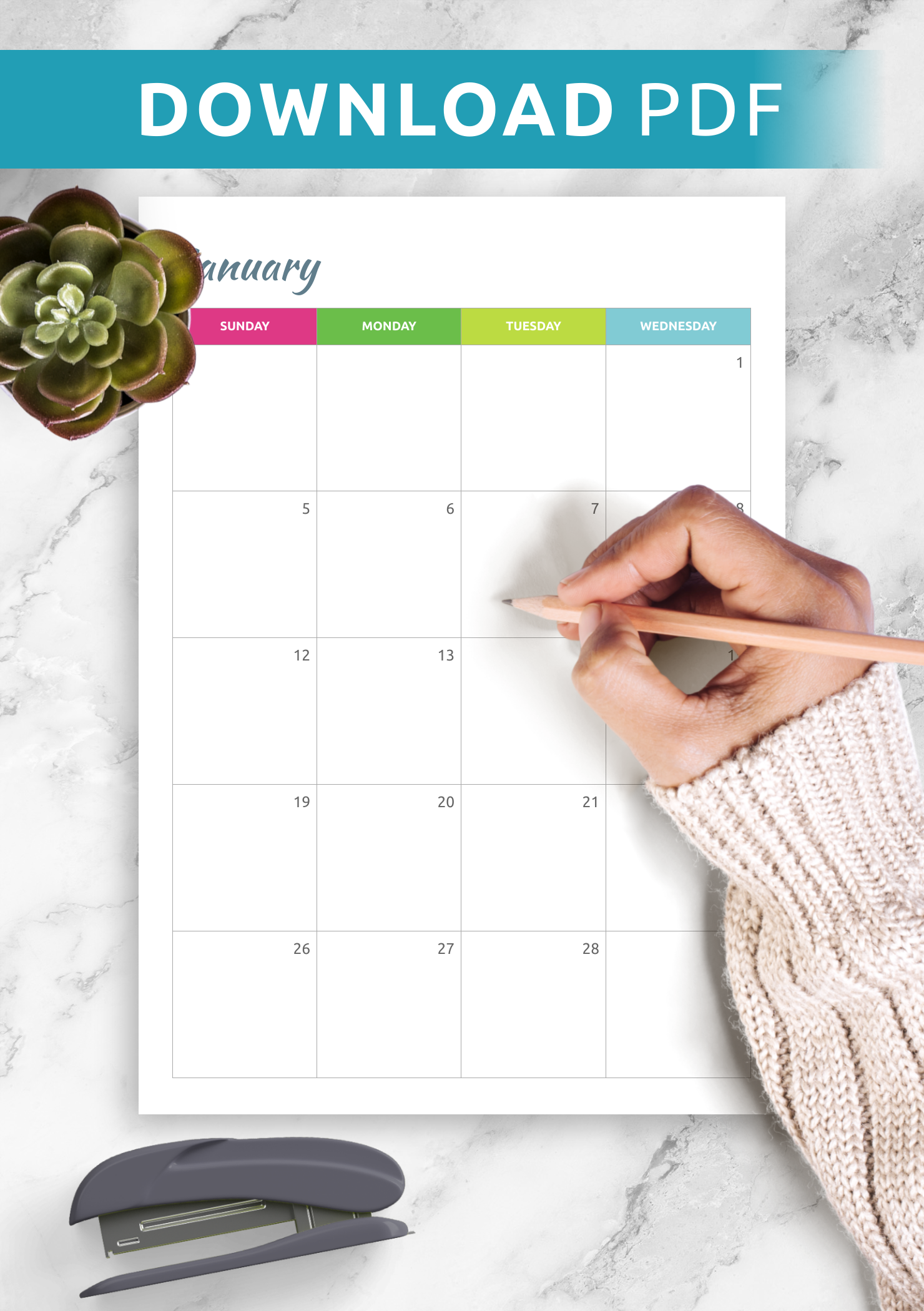 Download Printable Colored Horizontal Monthly Calendar PDF