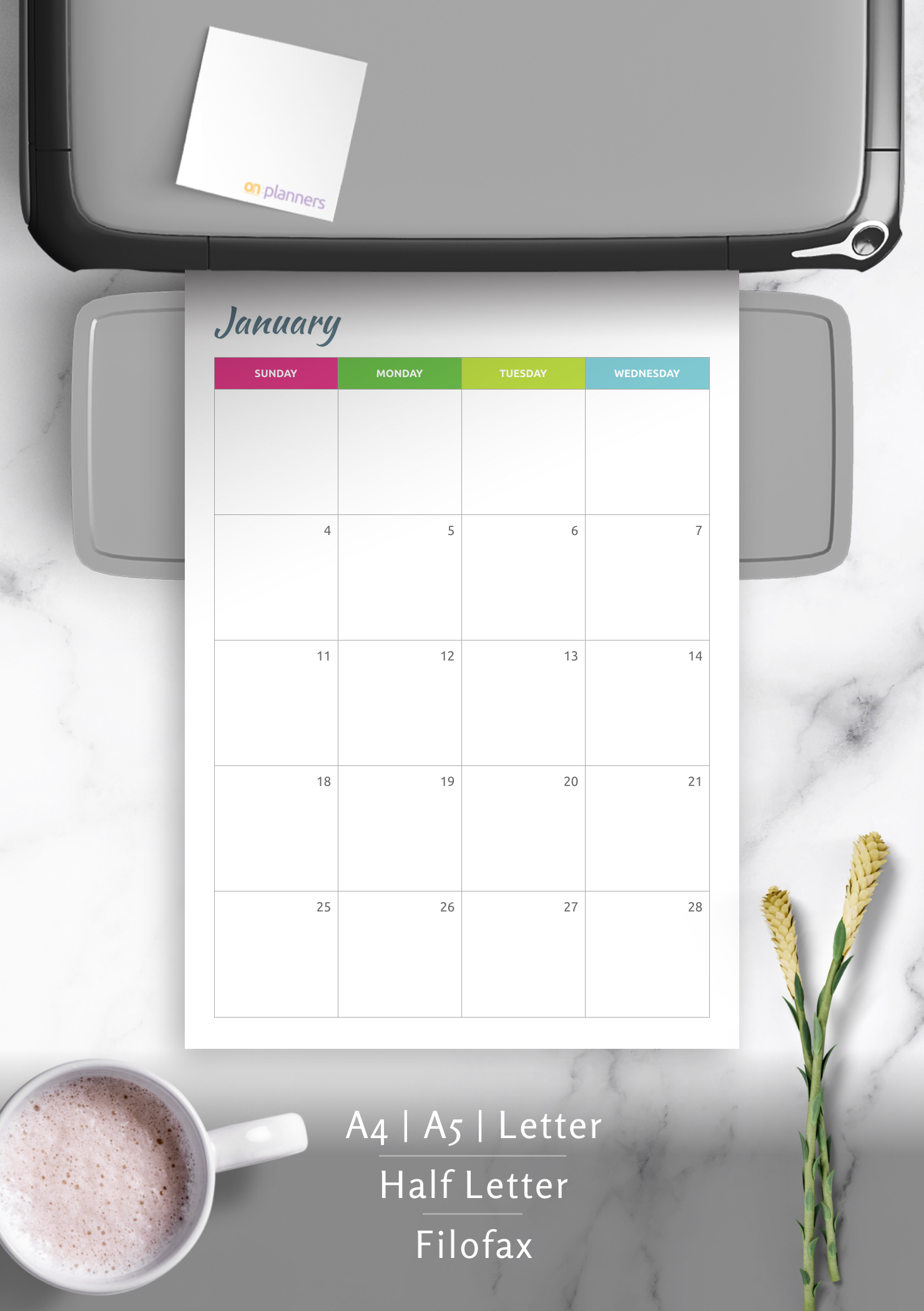 Download Printable Colored Horizontal Monthly Calendar PDF